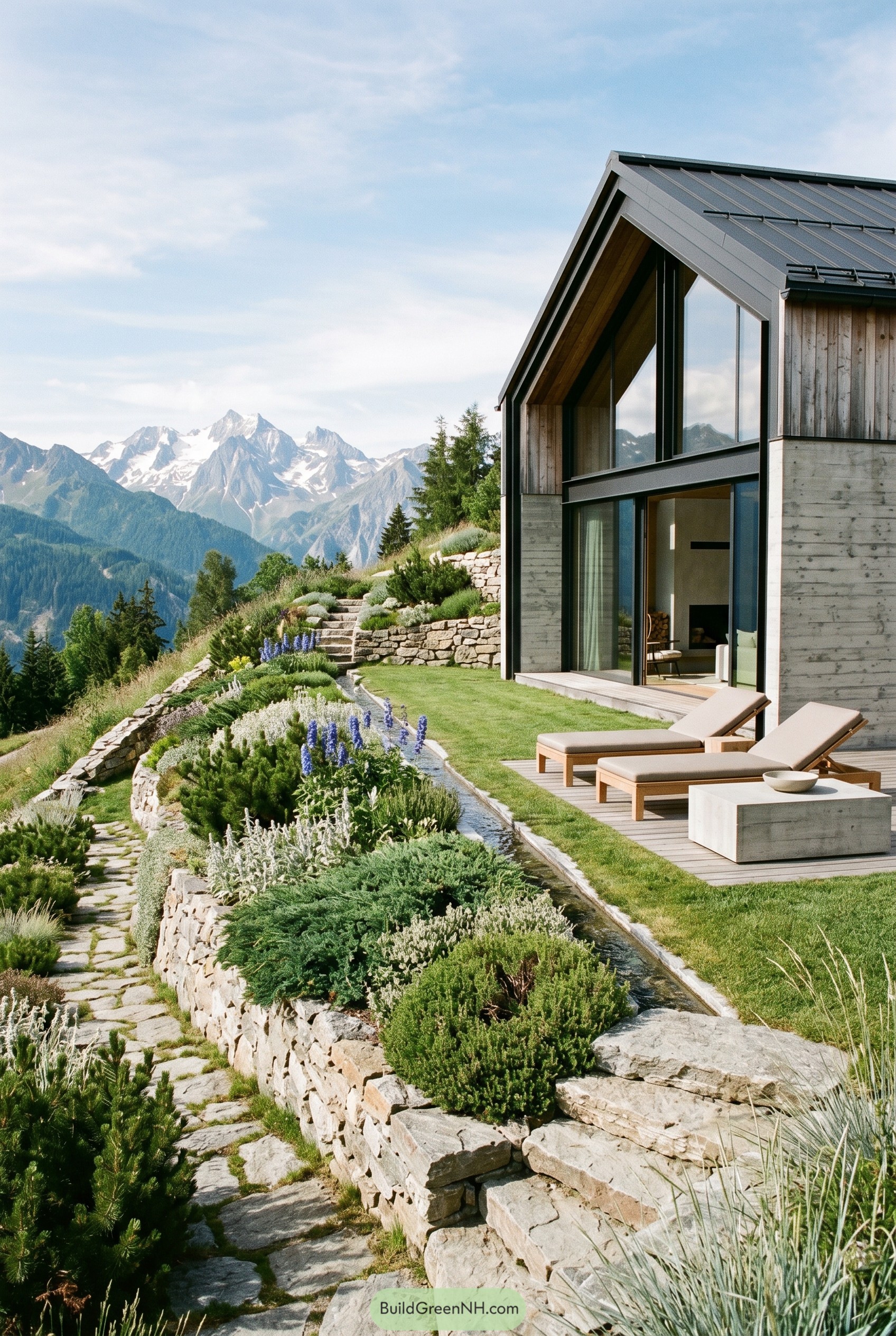 Modern gabled house with terraced alpine garden