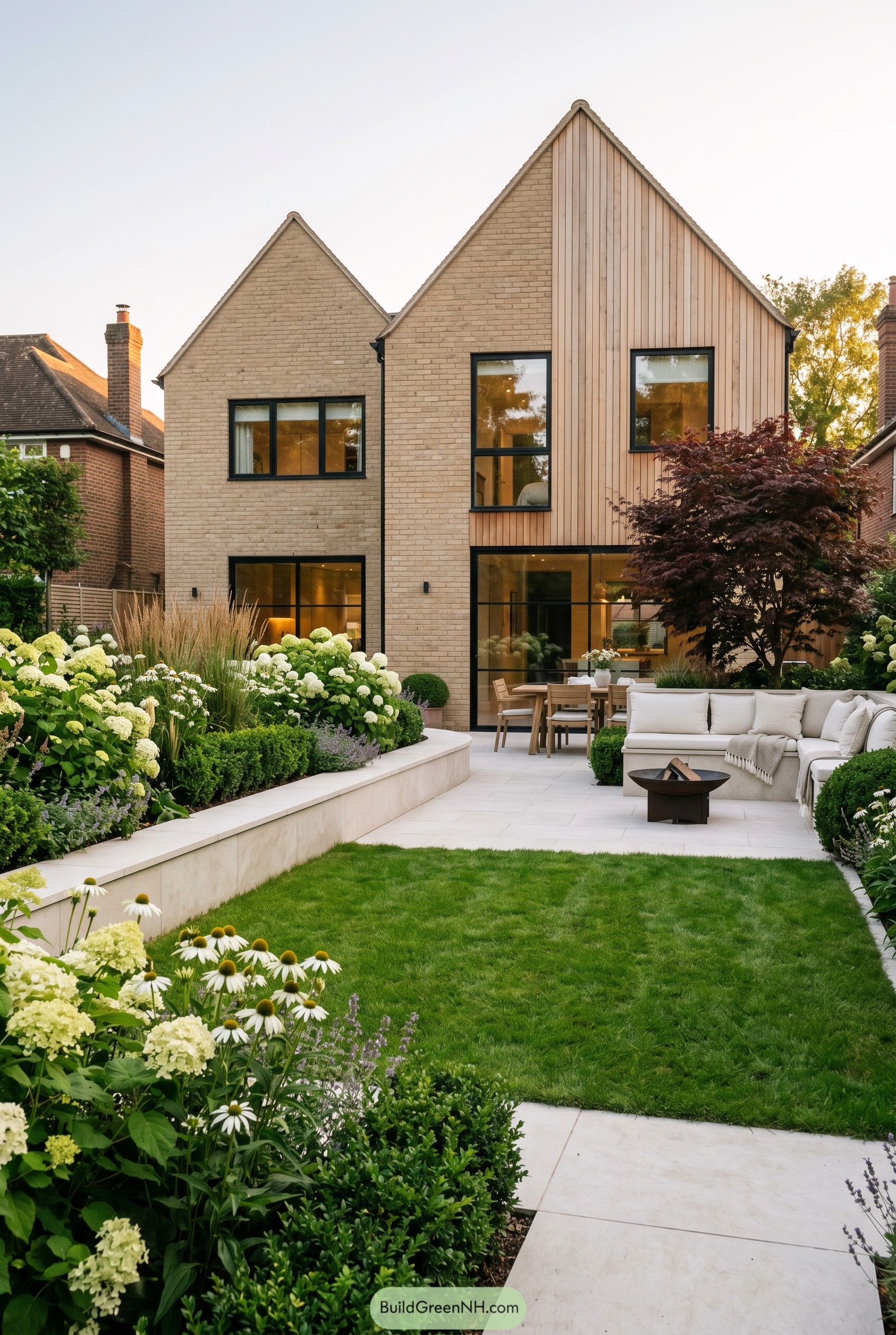 Modern twin gabled brick home with lush courtyard garden