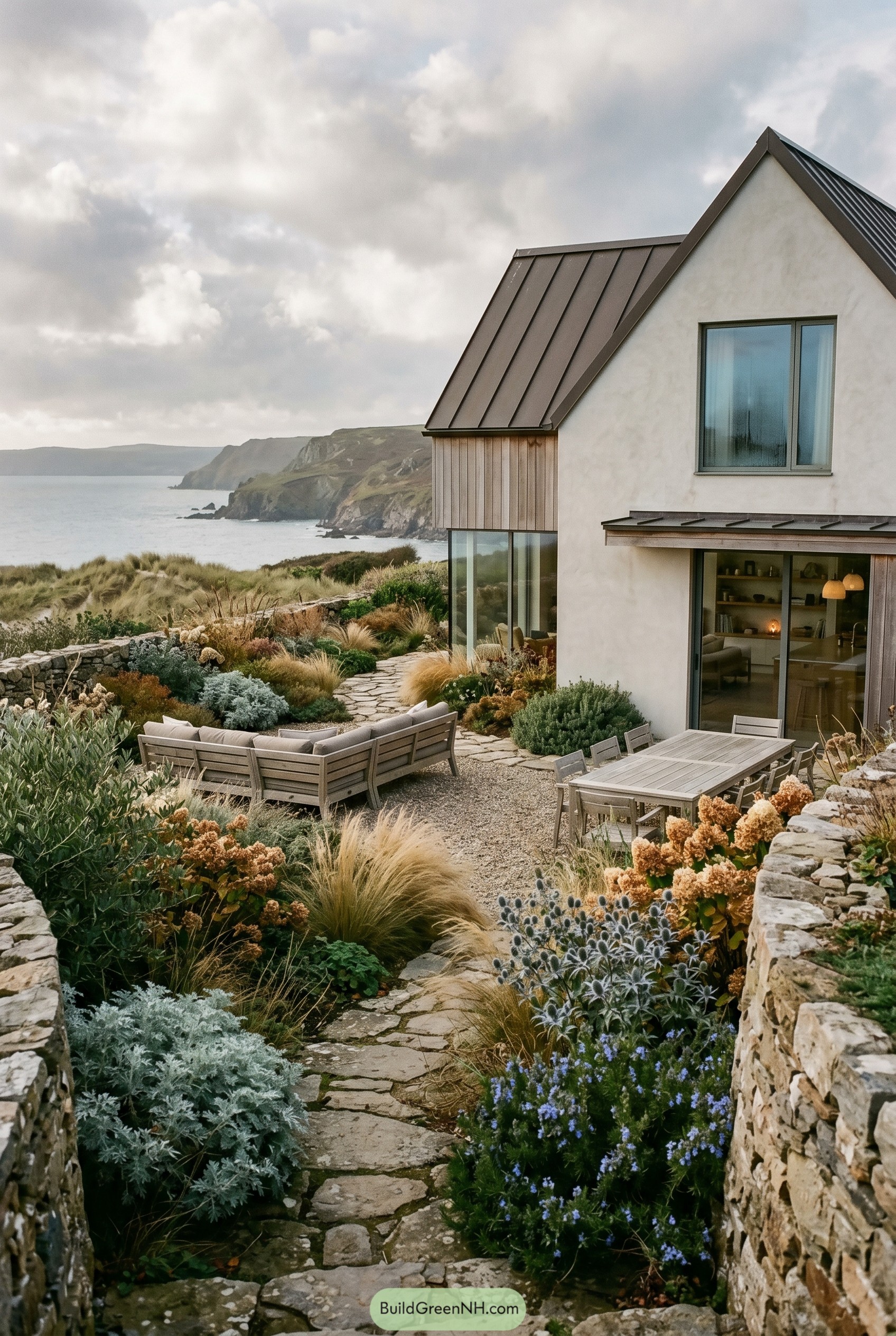 Modern coastal gabled house with stone garden path