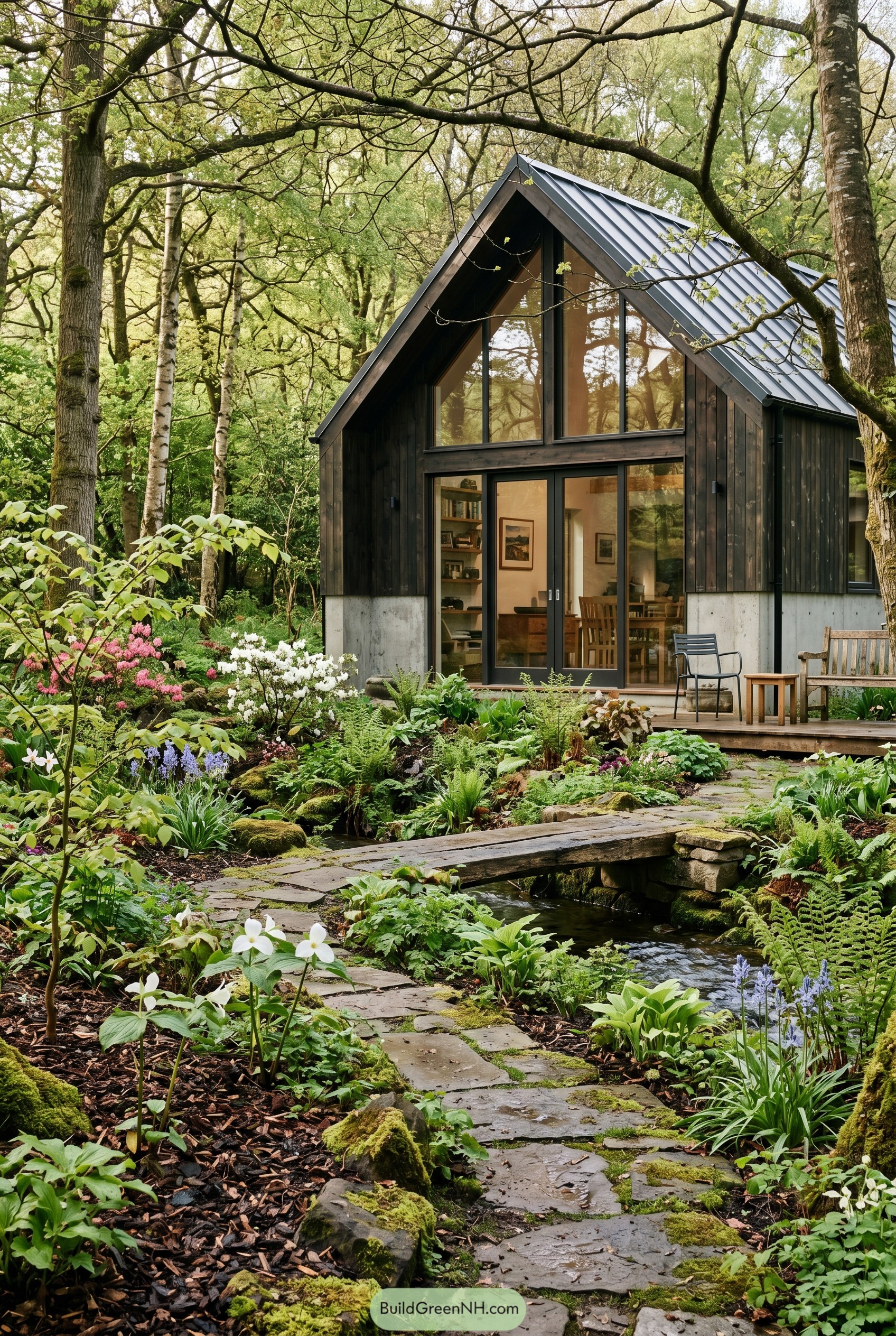 Dark gabled house with streamside woodland garden