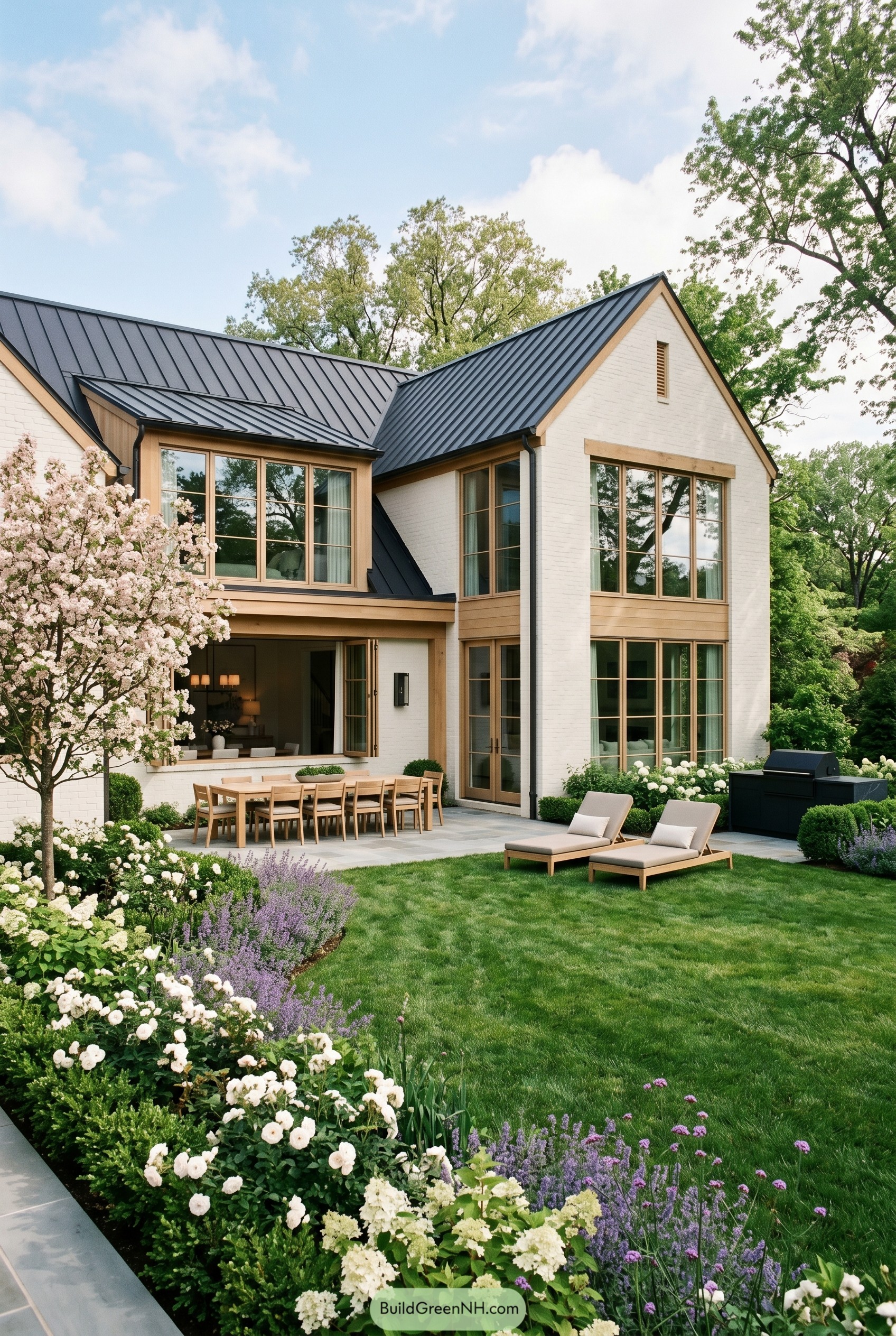 Modern white brick gabled house with blooming garden