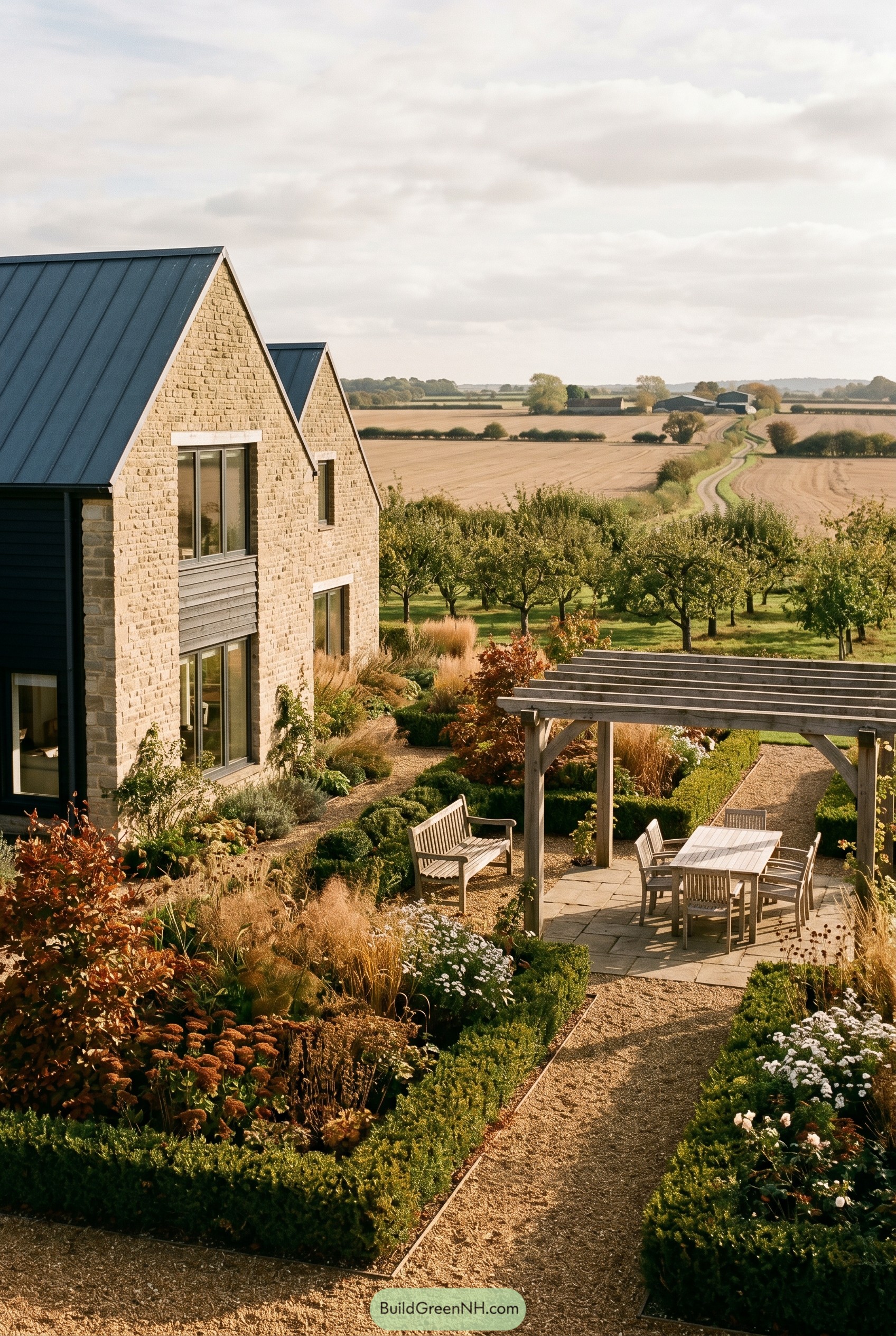 Stone gabled house with pergola garden