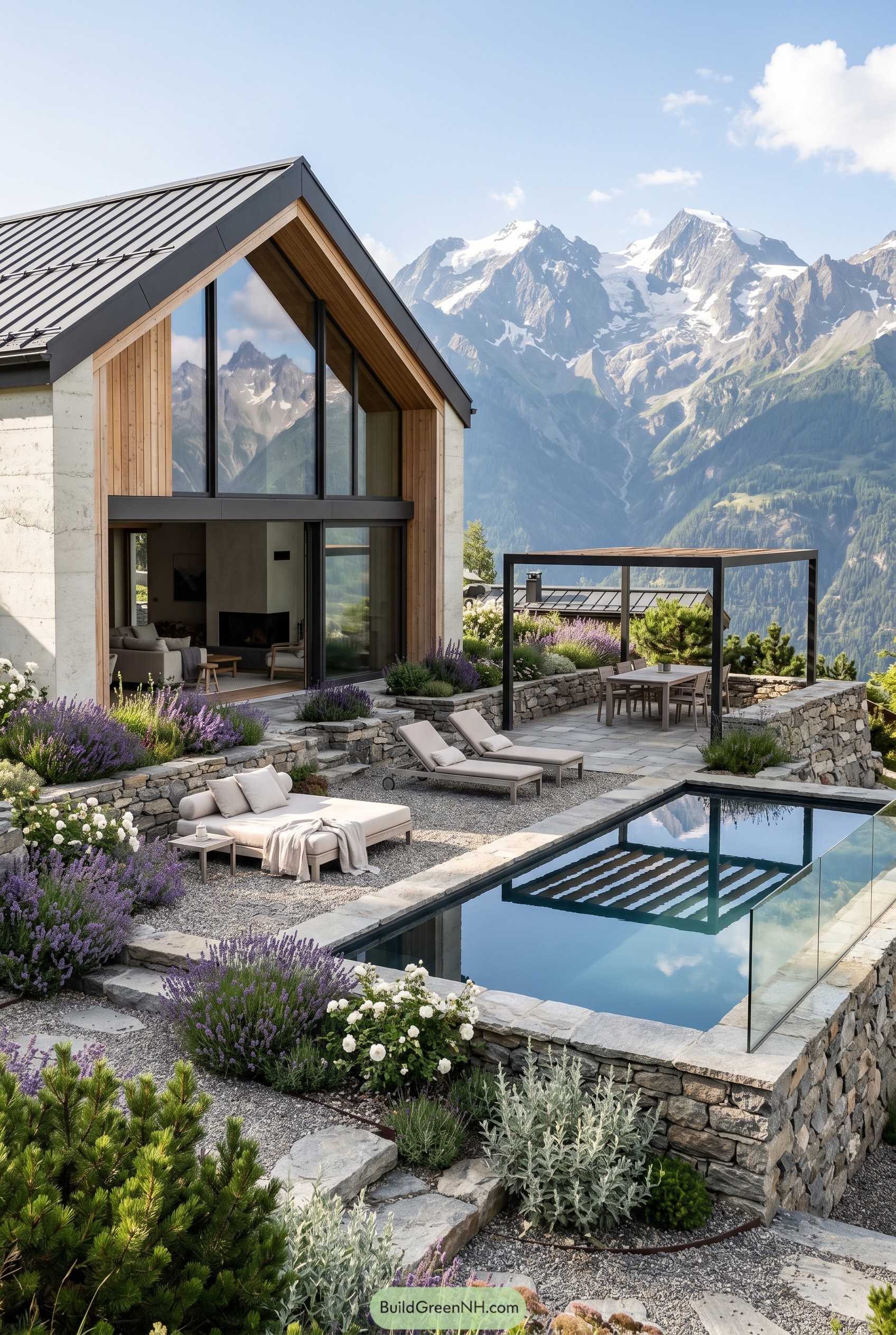 Modern alpine gabled home with pool terrace