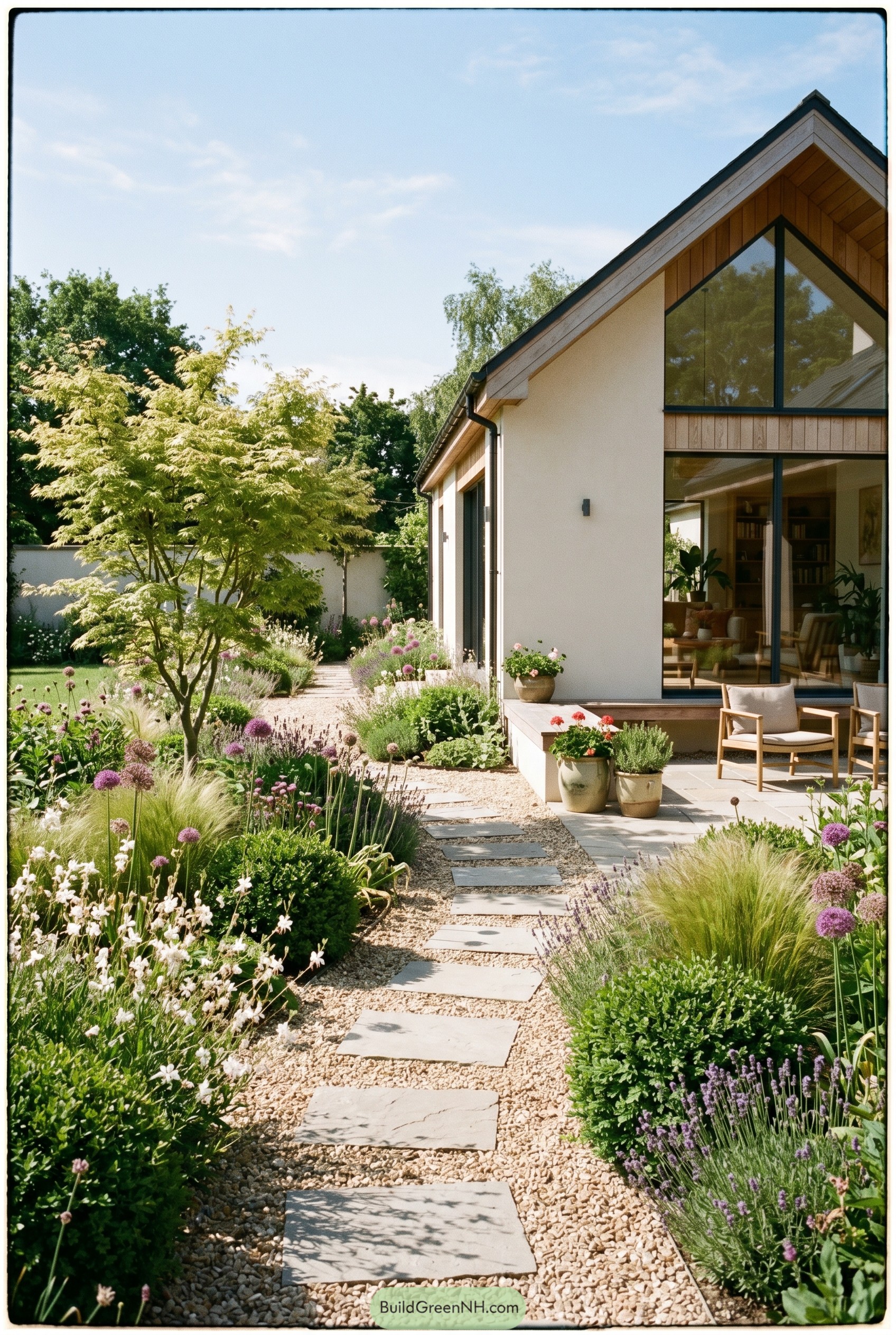 Modern gabled house with flowering gravel path