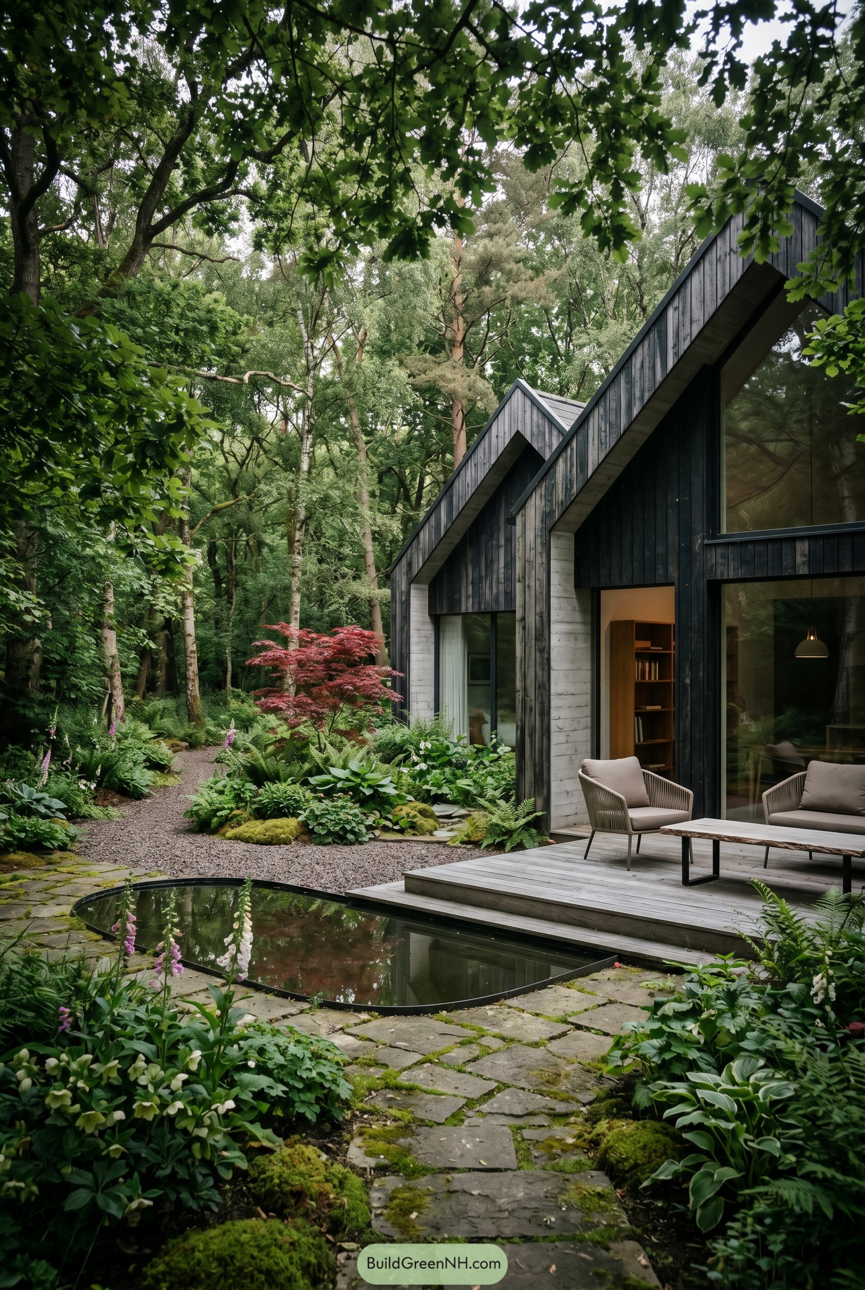 Black gabled house beside a woodland reflecting pool