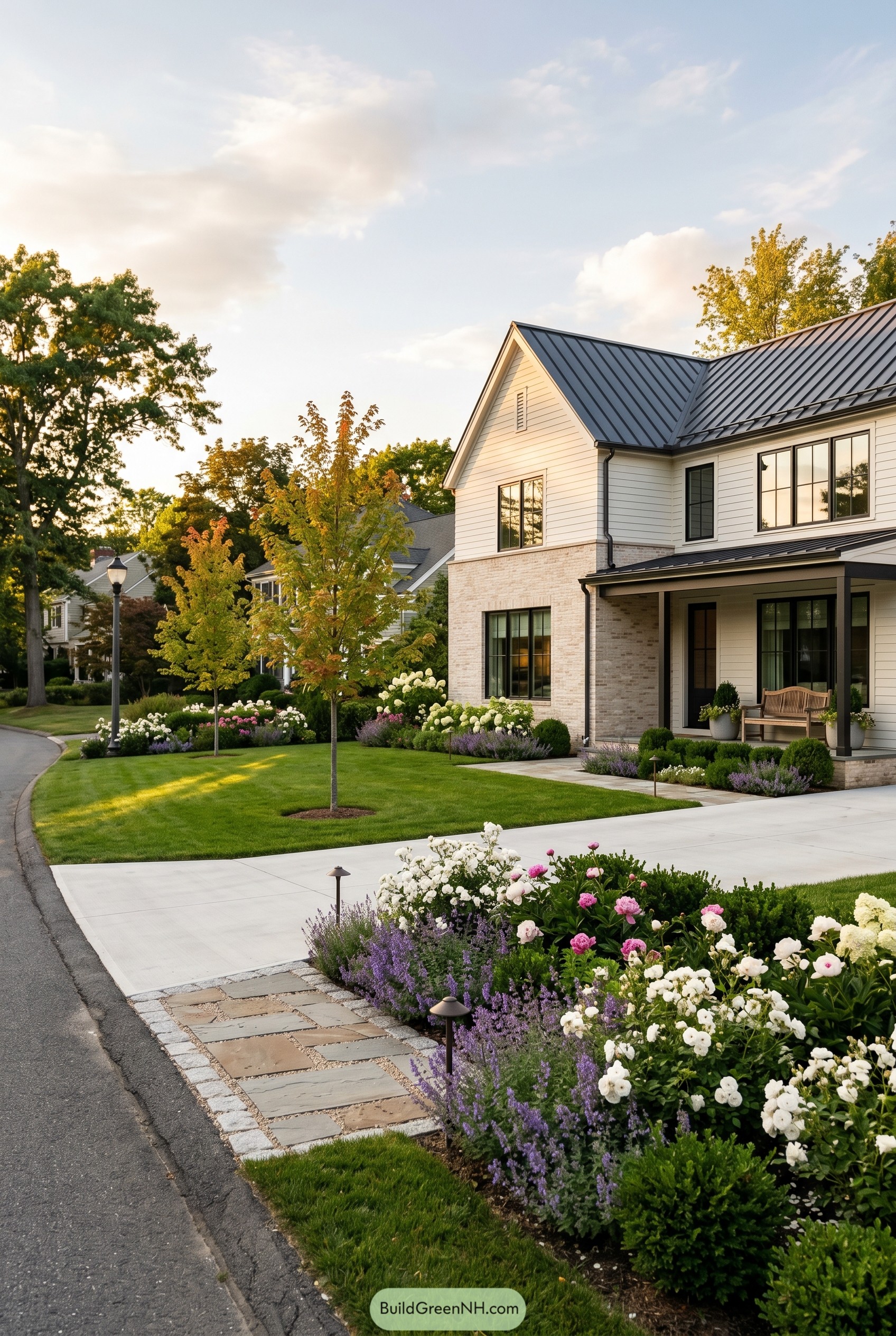 Modern white gabled house with peony and lavender border garden