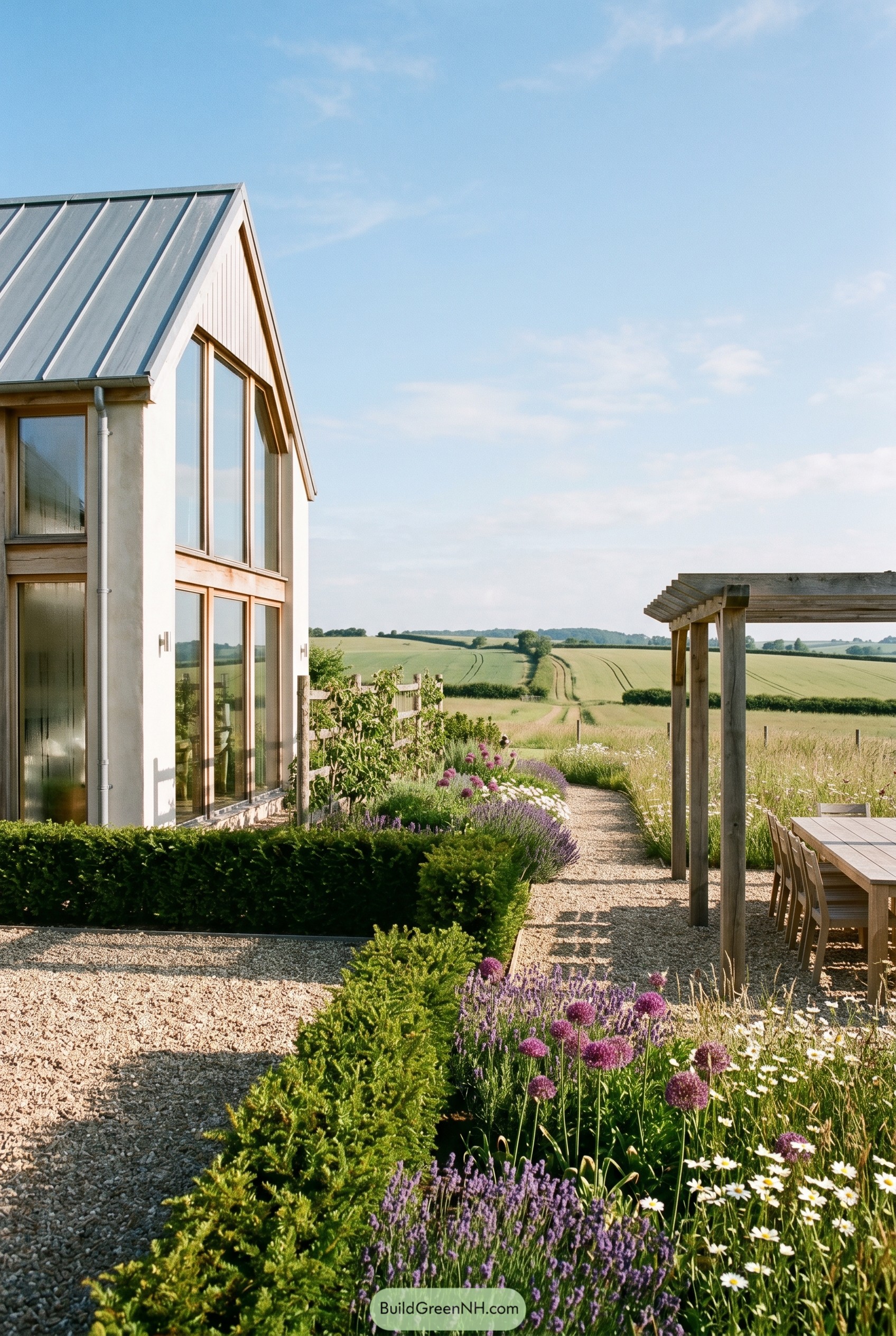 Modern gabled house with meadow garden