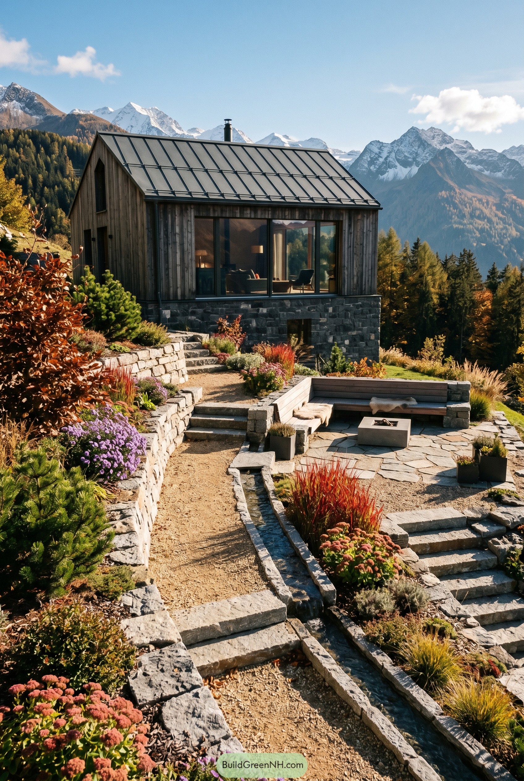 Wood gabled mountain house with terraced stone garden