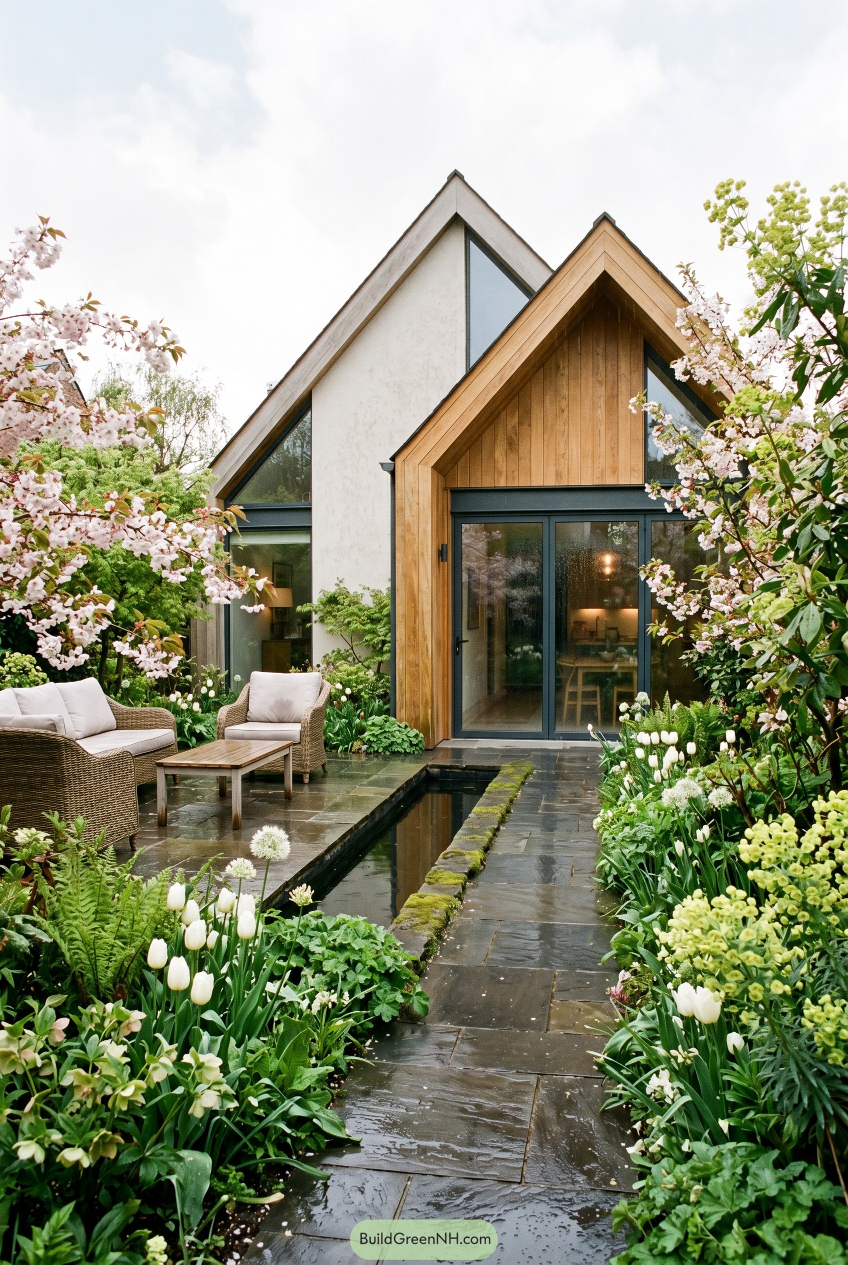 Modern gabled house with blossom garden and reflecting pool