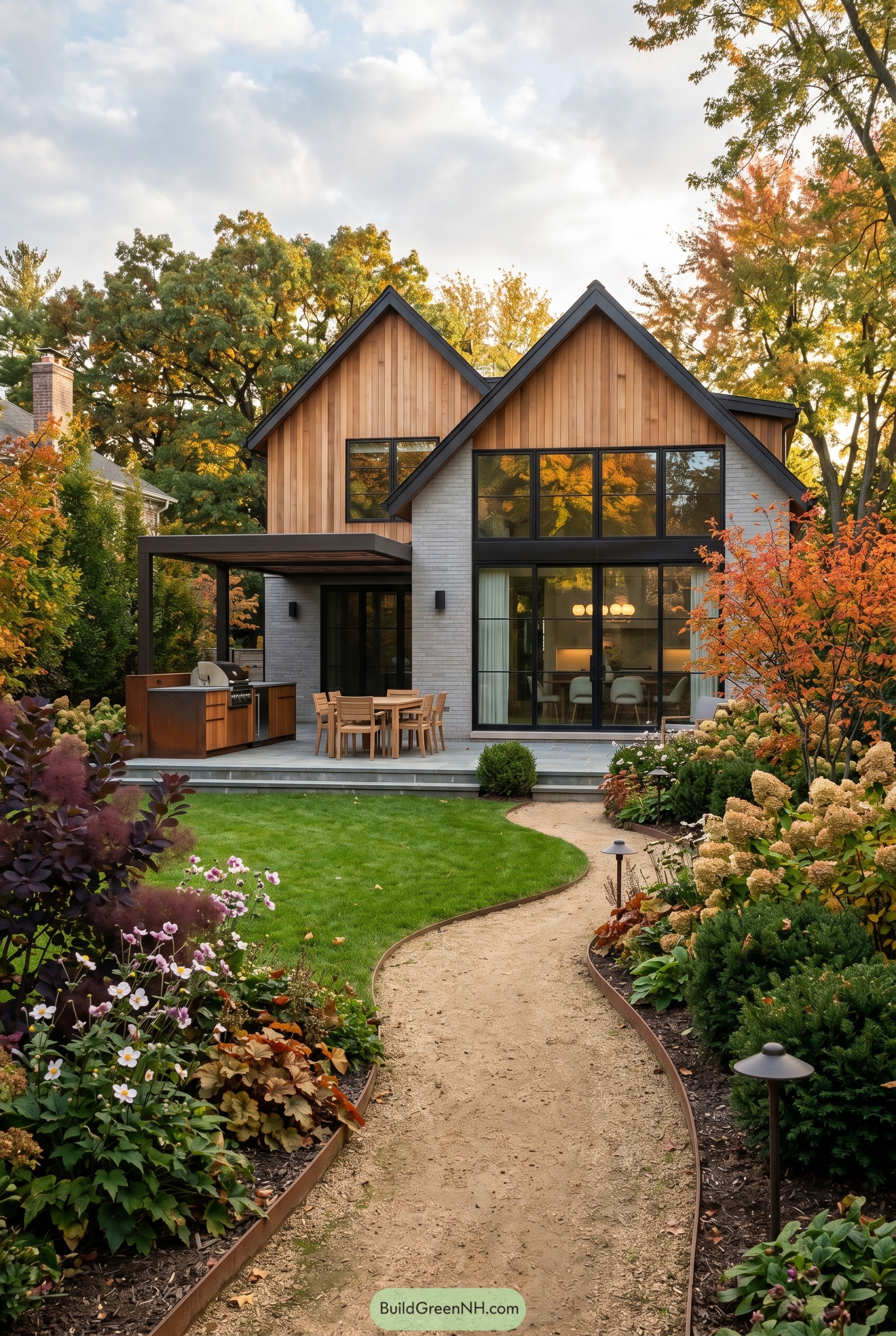 Modern gabled house with autumn garden path