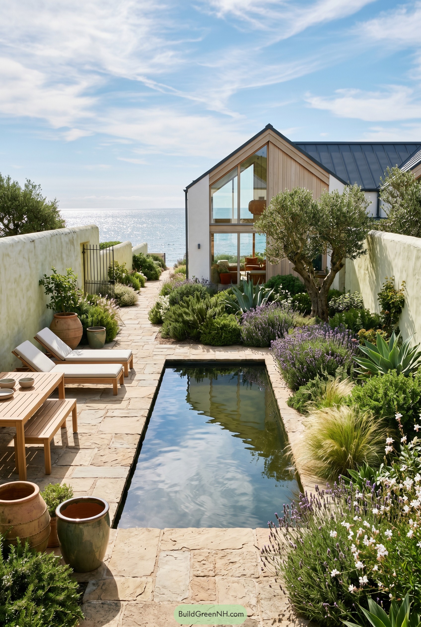 Modern gabled seaside house with reflecting pool