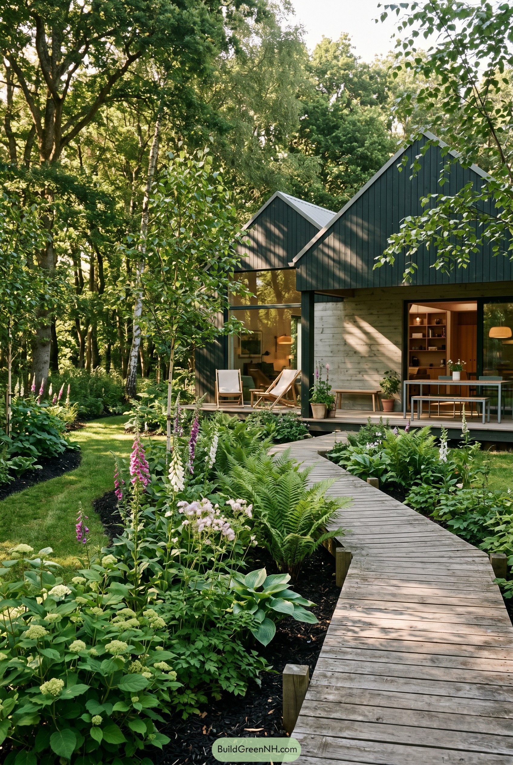 Modern dark gabled house with lush boardwalk garden