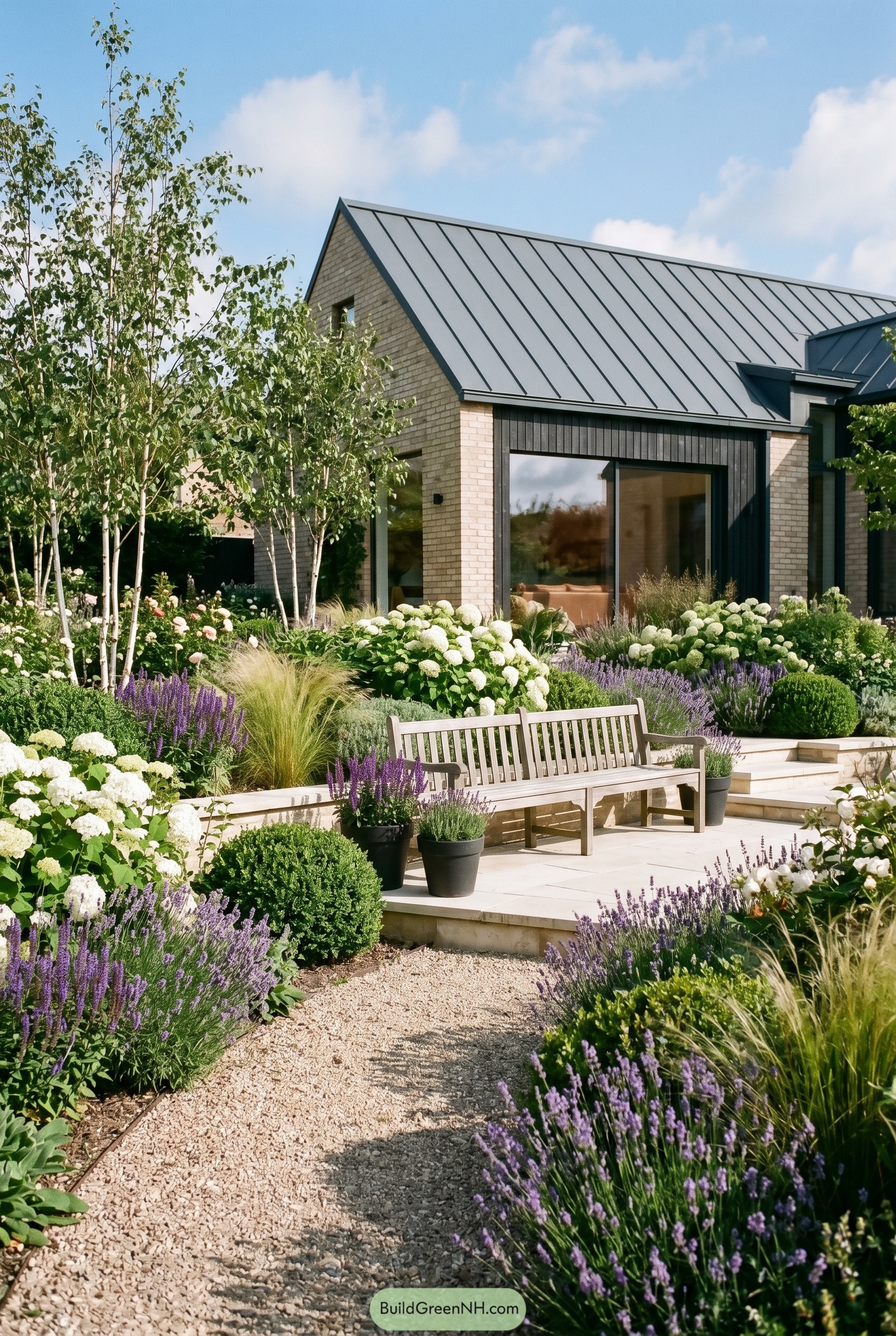 Modern gabled brick house with lush lavender garden