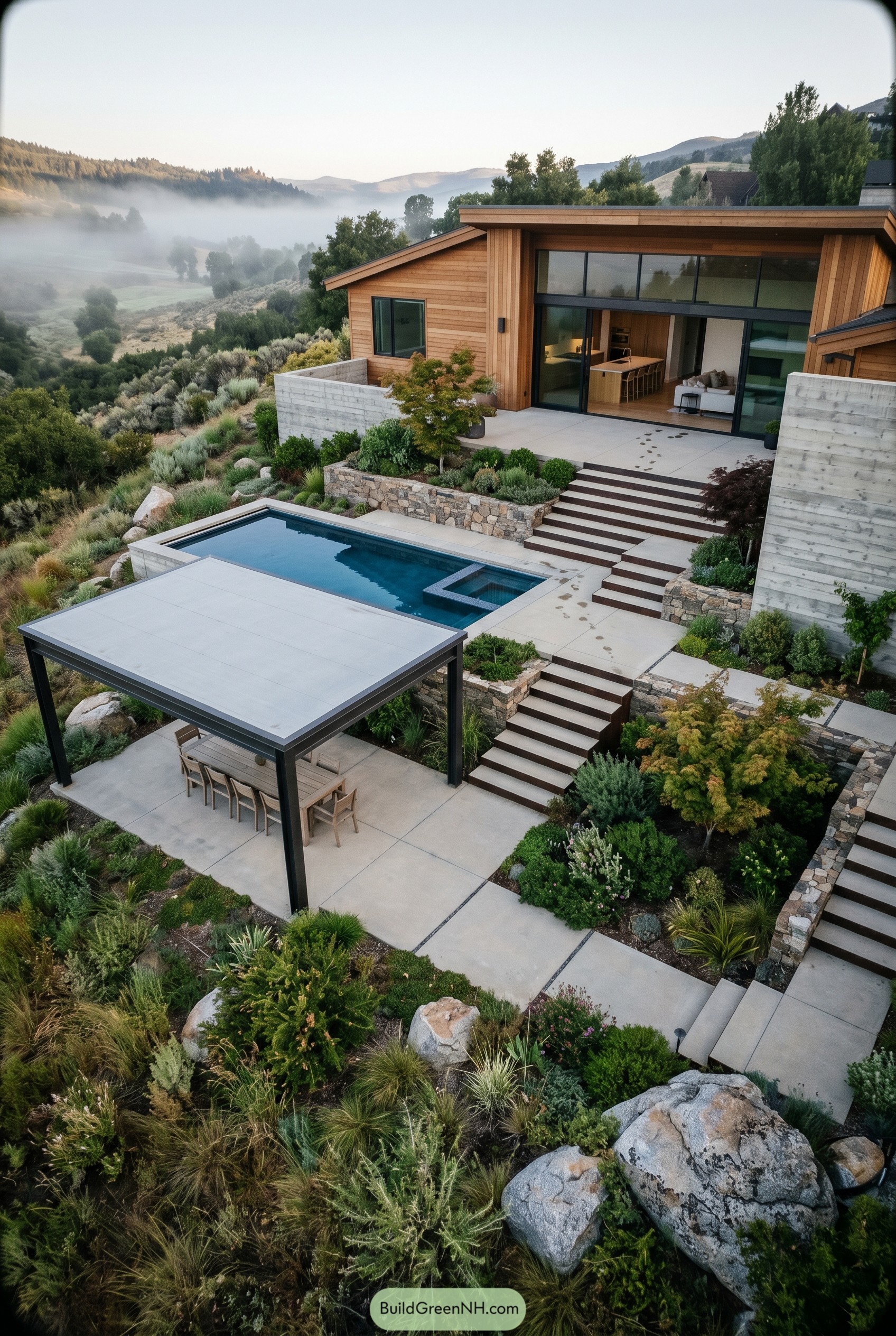 Modern hillside backyard with pool and dining pavilion