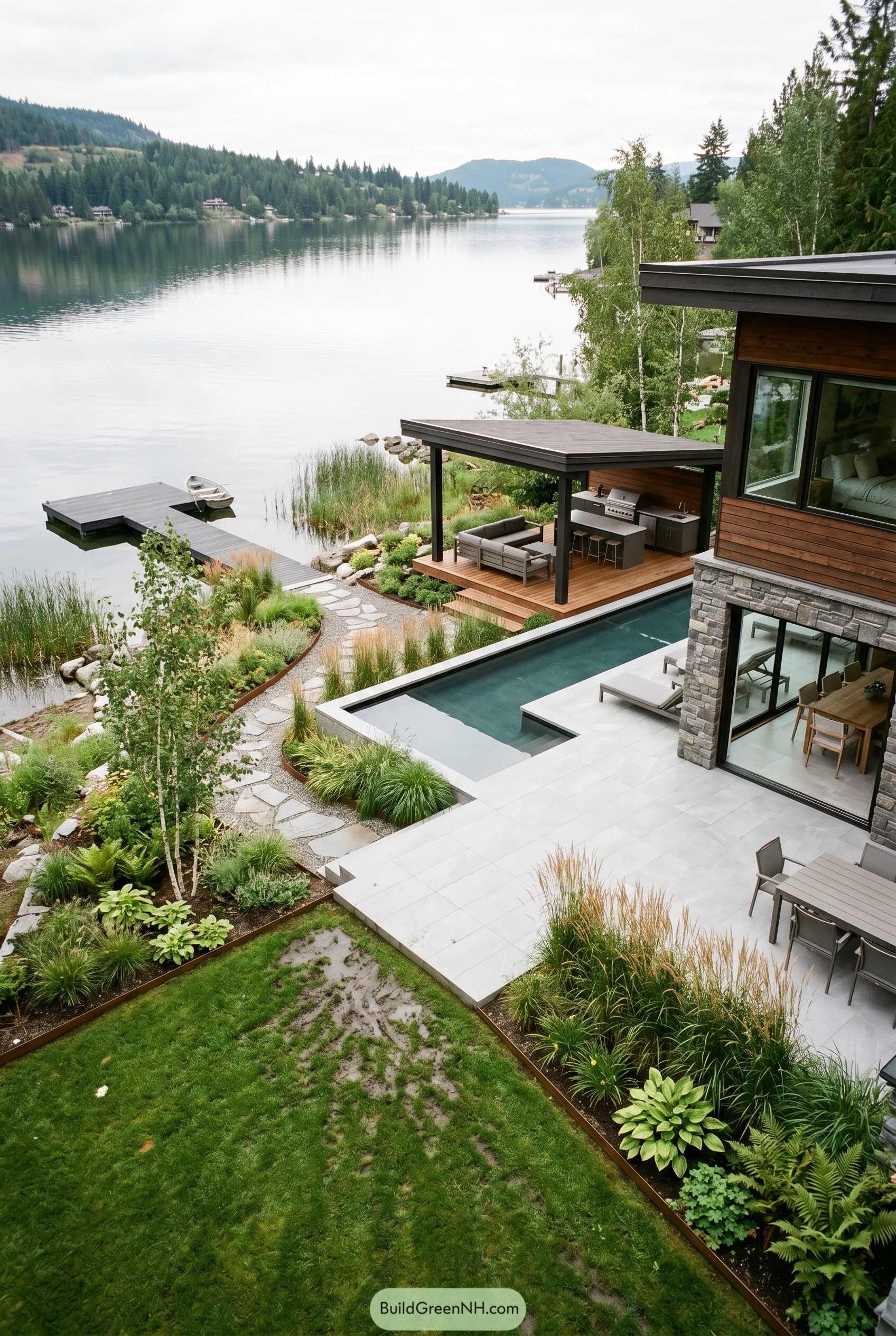 Modern lakeside patio with pavilion pool and dock