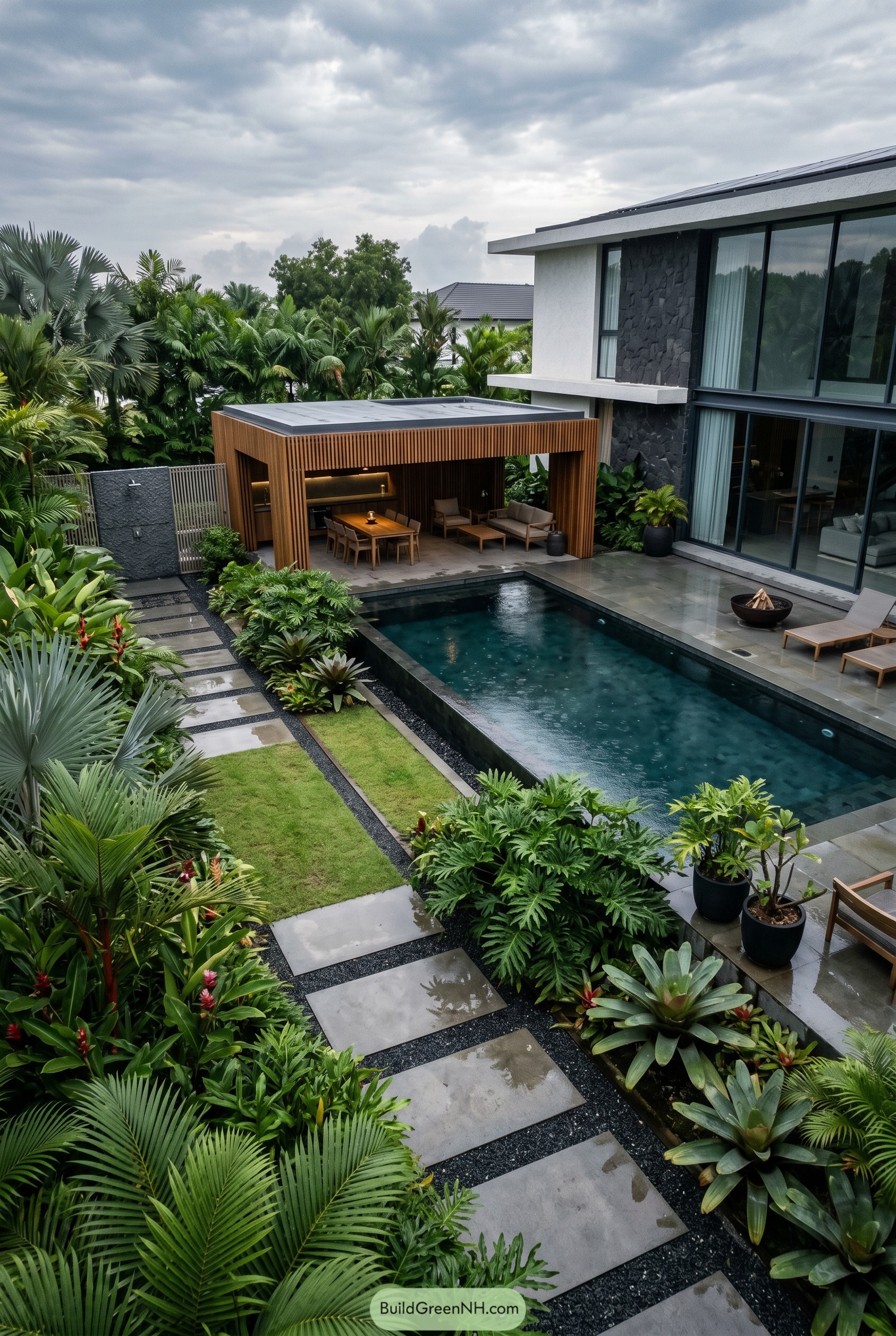 Modern tropical backyard with pool and wood pavilion