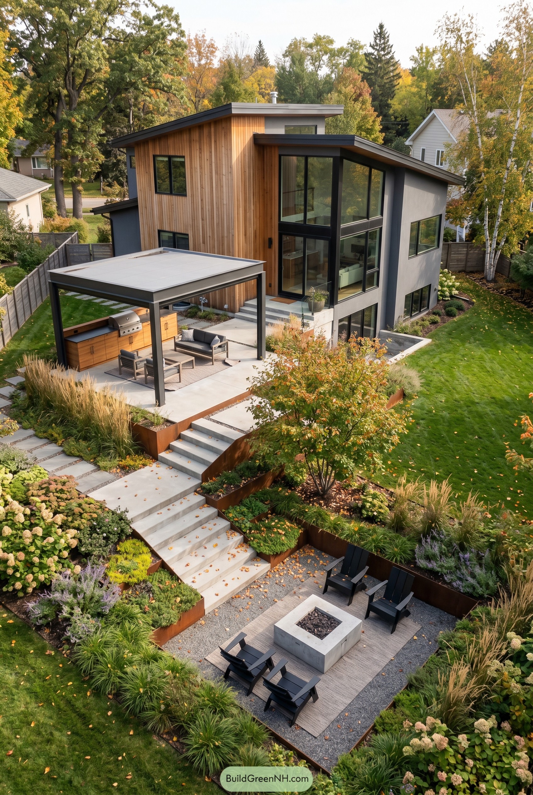 Modern pavilion above terraced fire pit garden