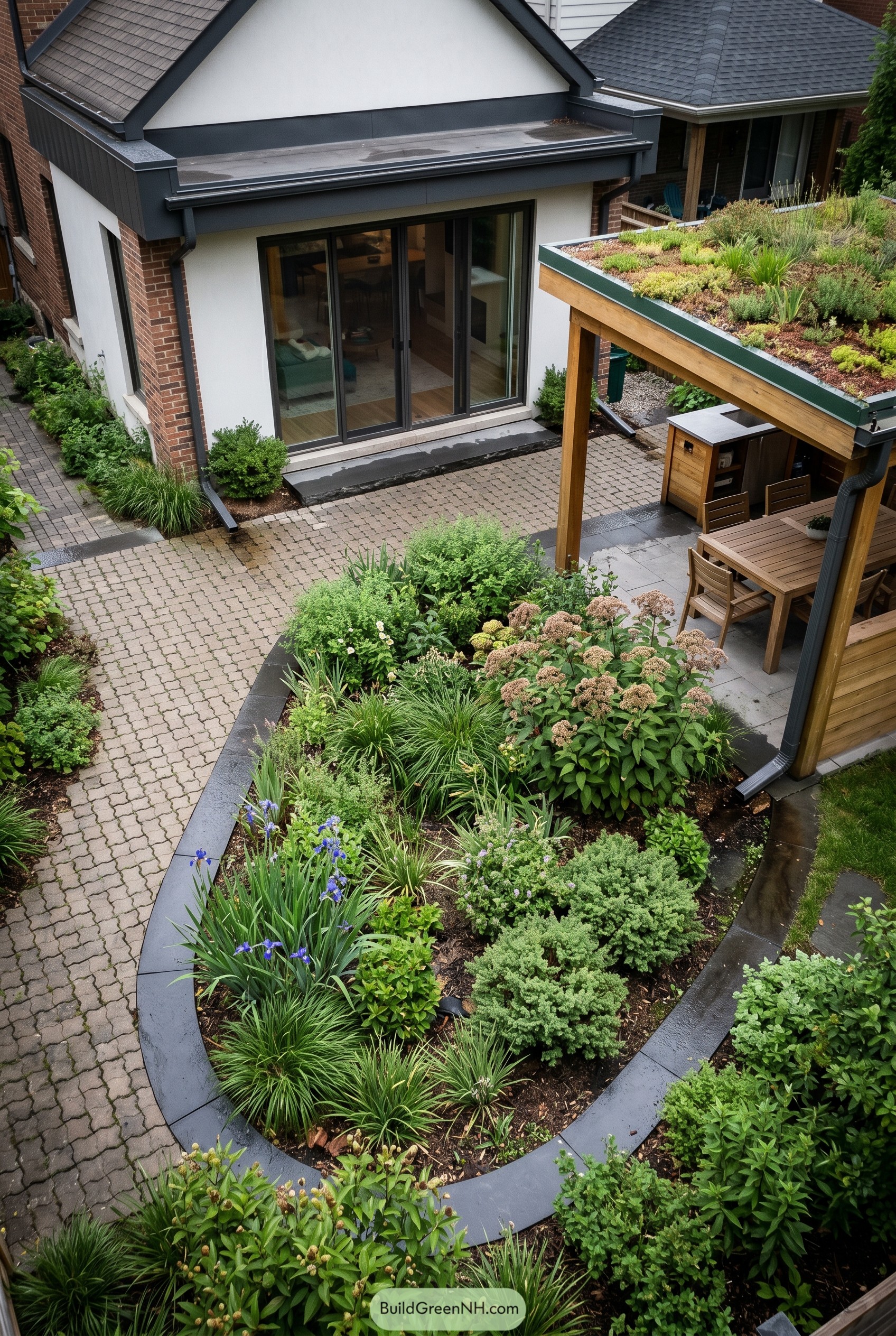 Backyard pavilion with green roof and curved planting bed