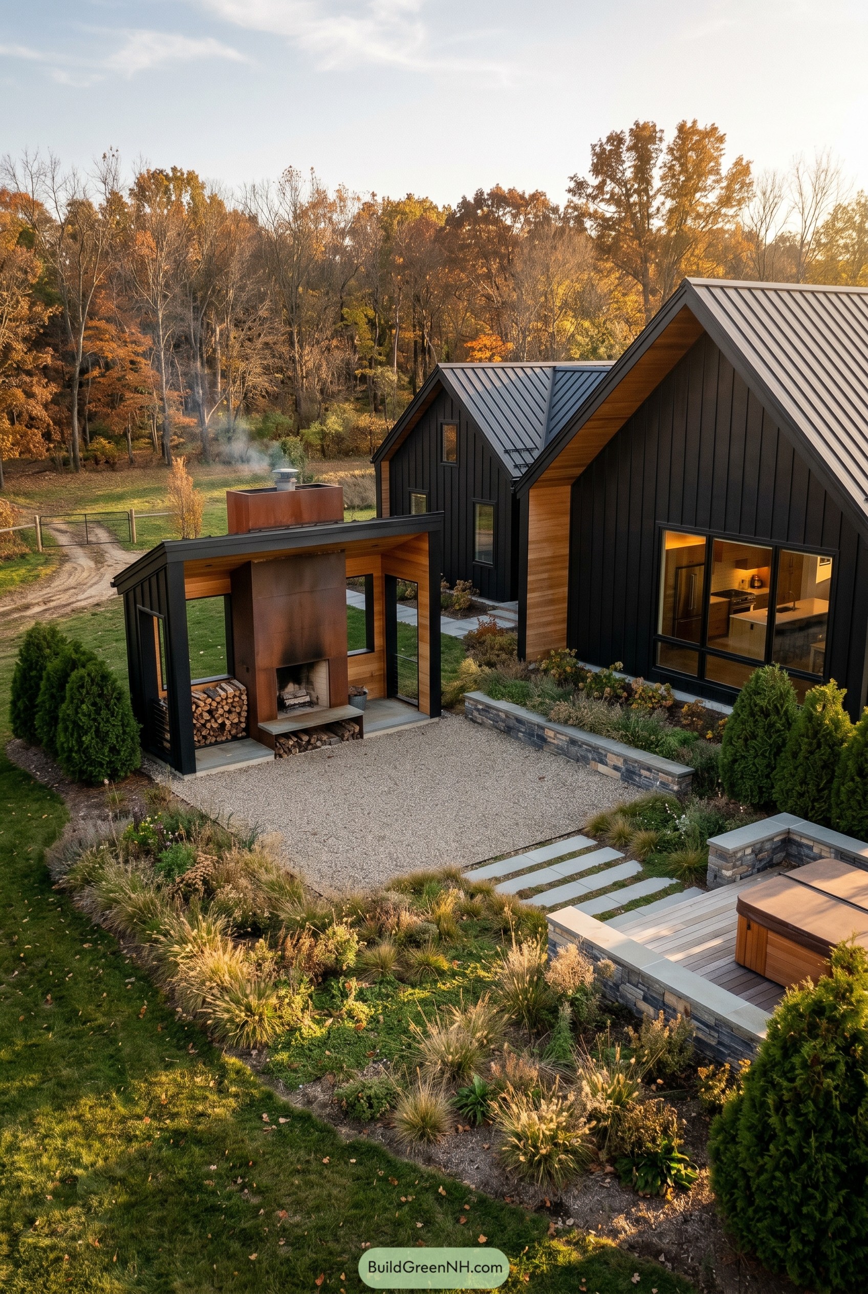 Black modern home with fireplace pavilion and spa terrace