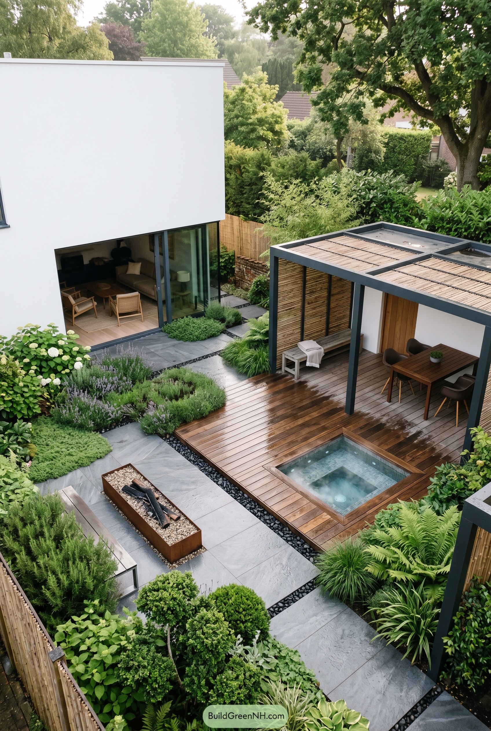 Modern backyard pavilion with spa deck