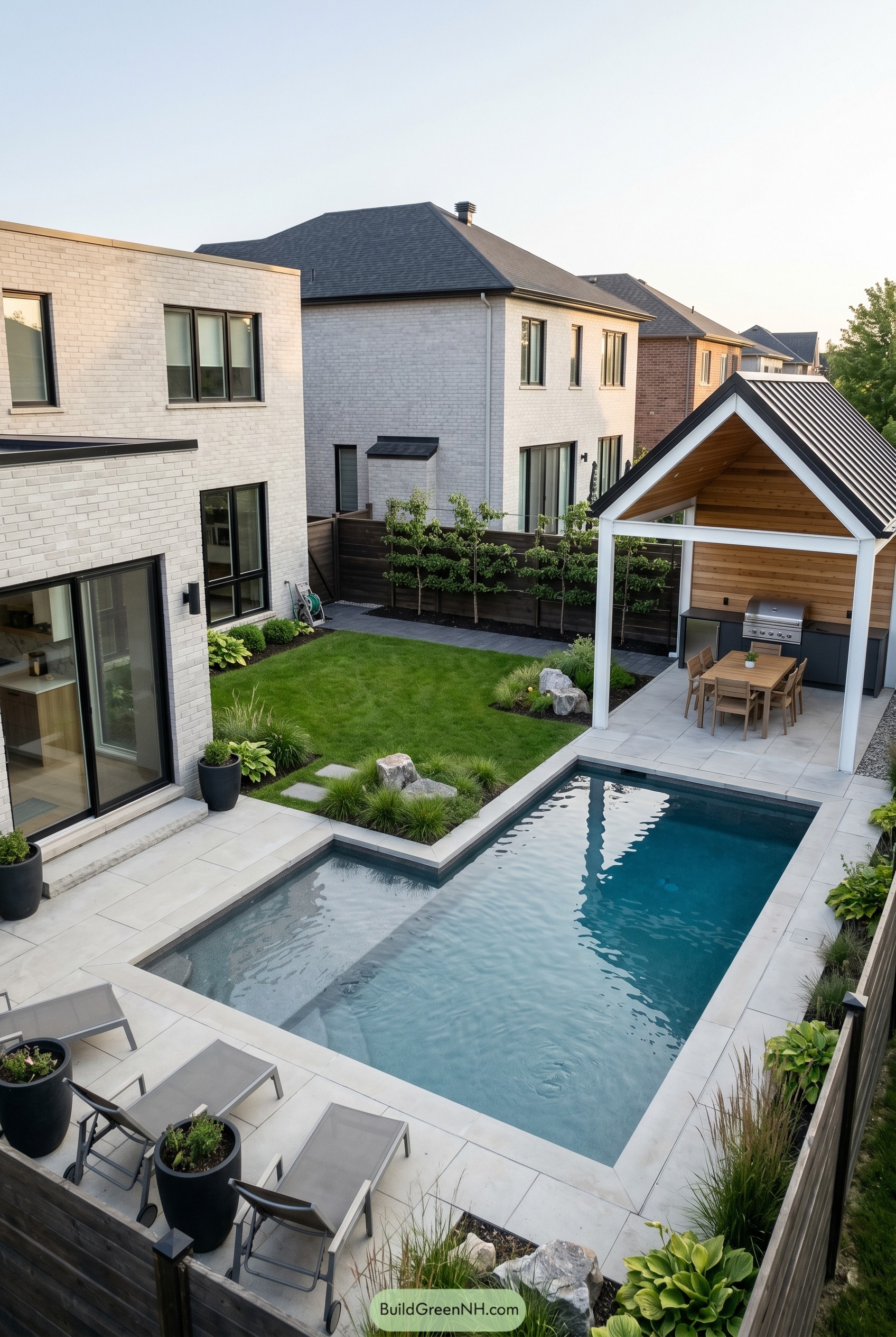Modern backyard with rectangular pool and gabled dining pavilion