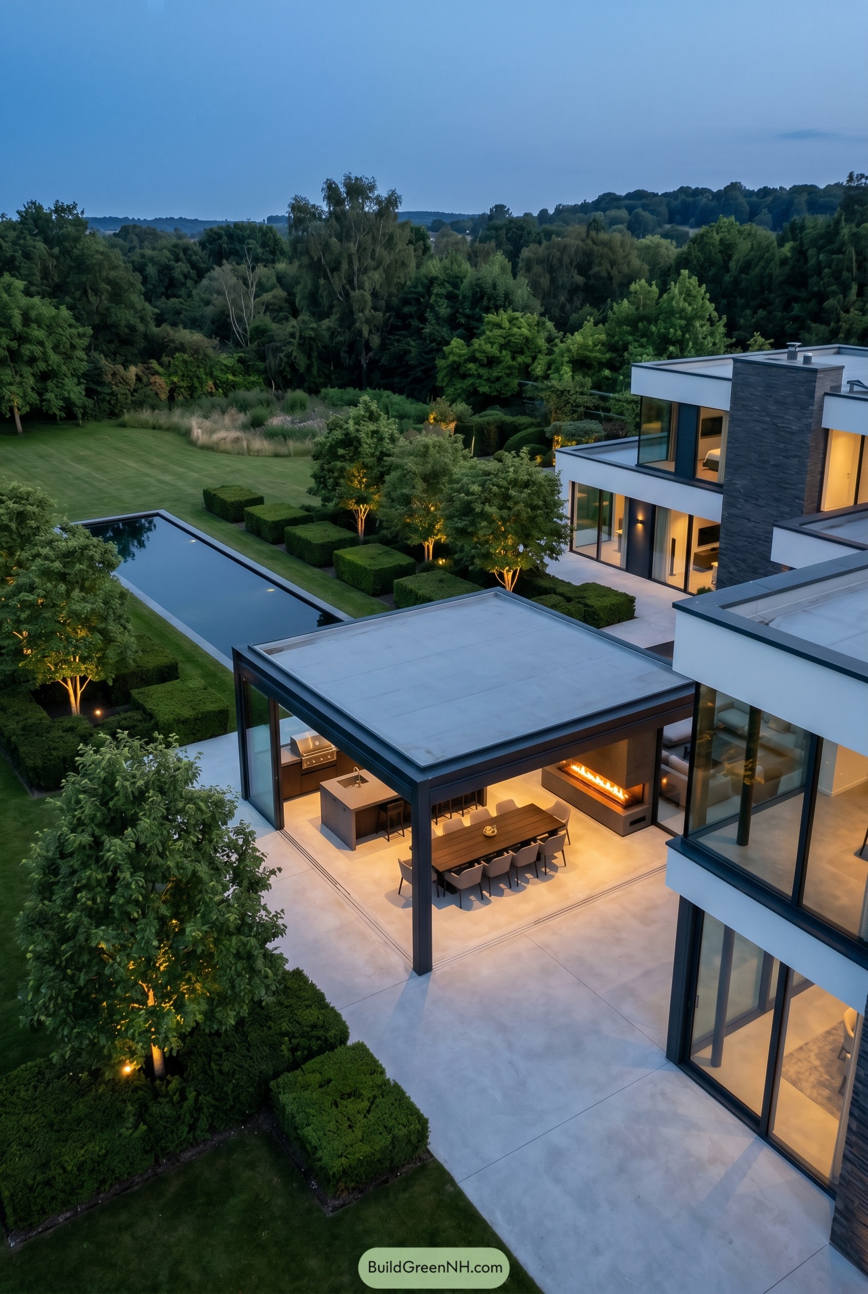 Modern pavilion with lap pool and manicured garden at dusk