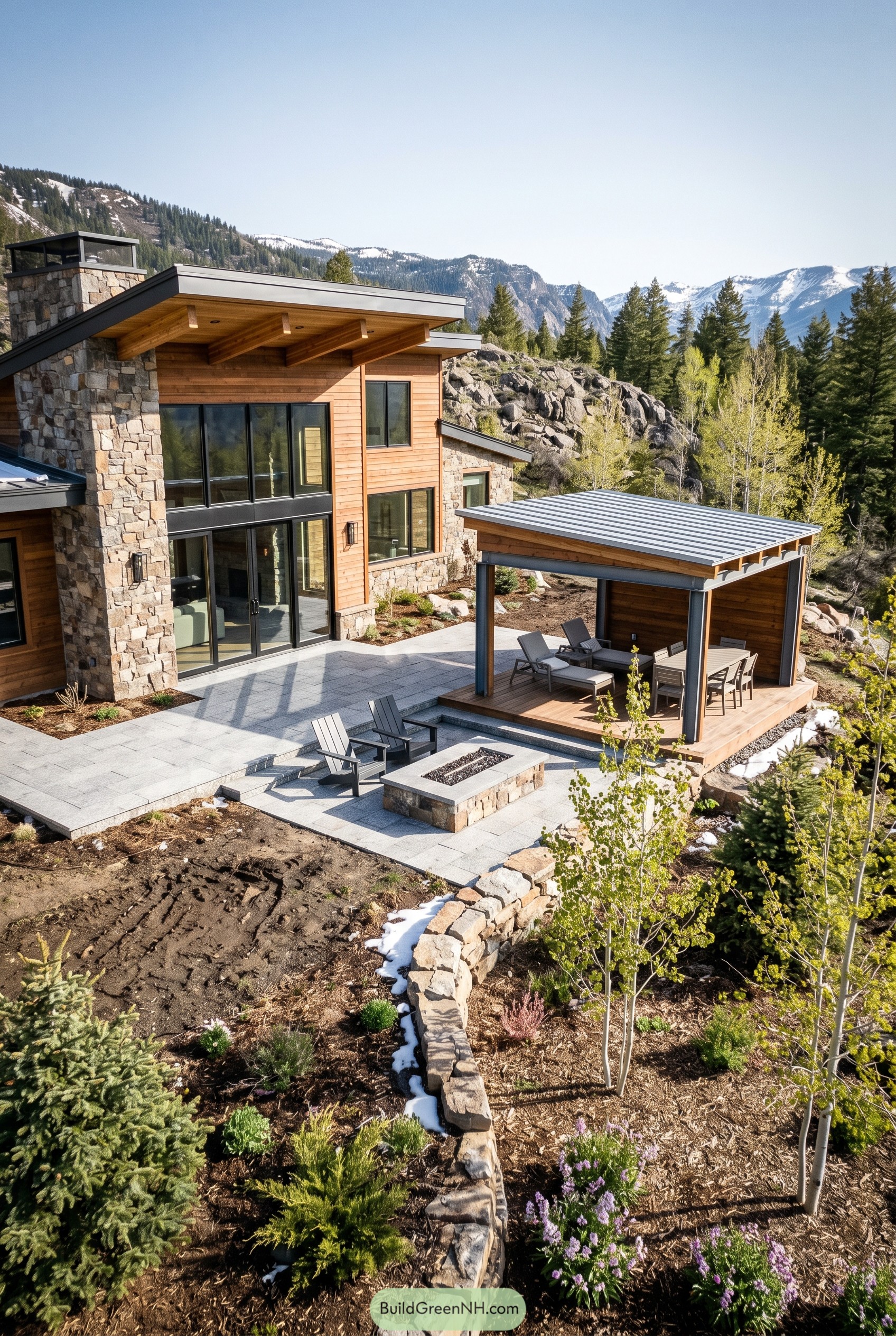 Mountain backyard pavilion with fire pit patio