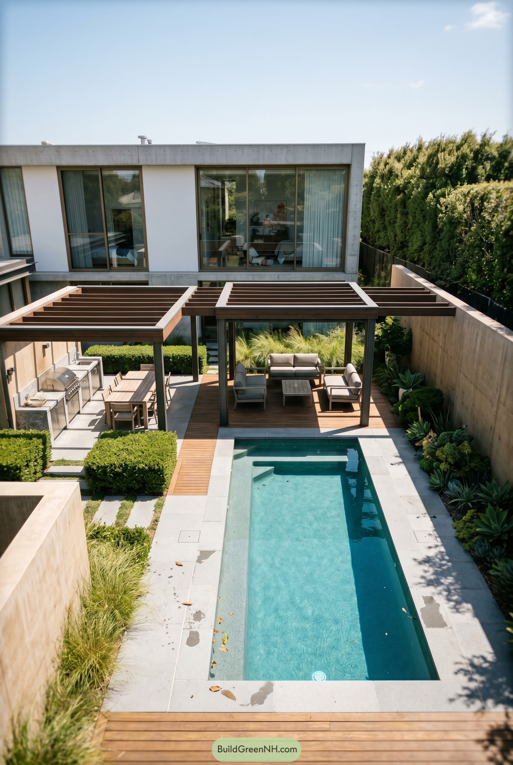 Modern narrow pool with twin pergolas