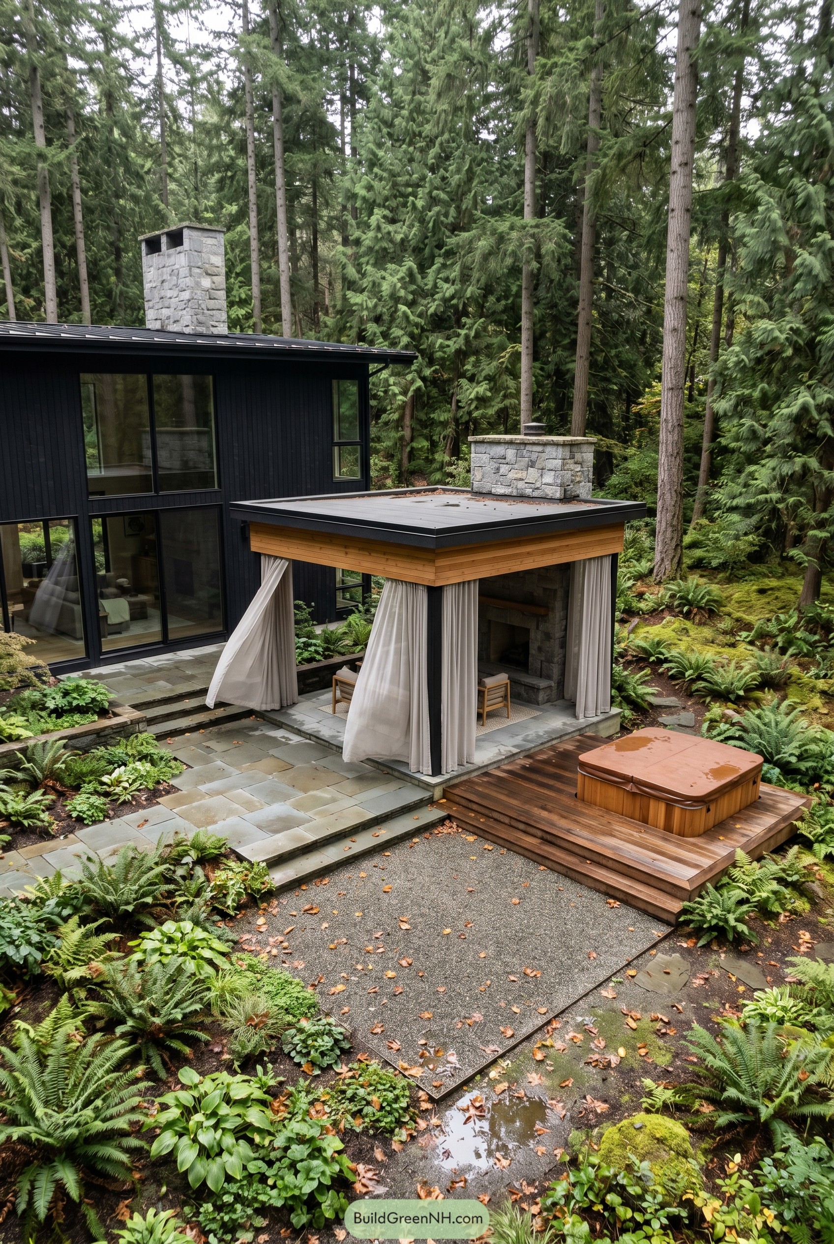 Forest pavilion with fireplace and hot tub