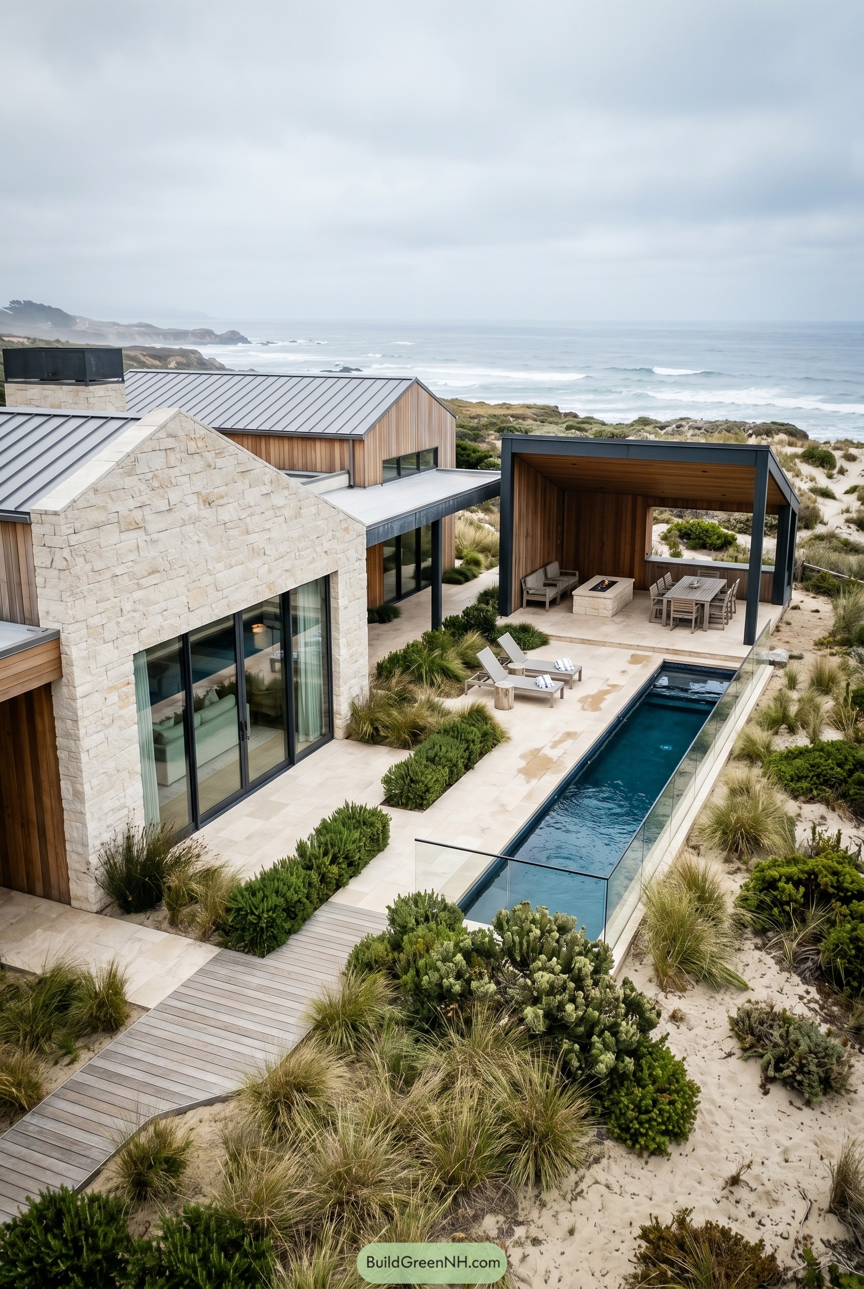 Coastal backyard with lap pool and pavilion