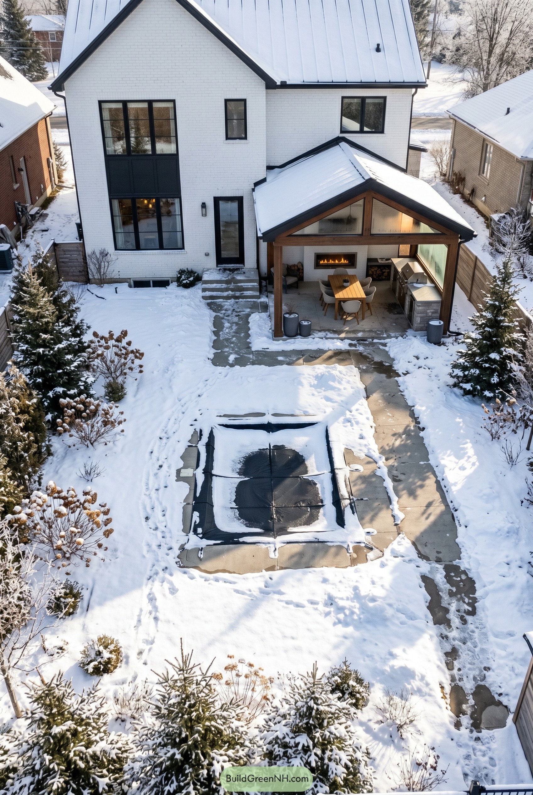 Snowy backyard with gabled dining pavilion and covered spa