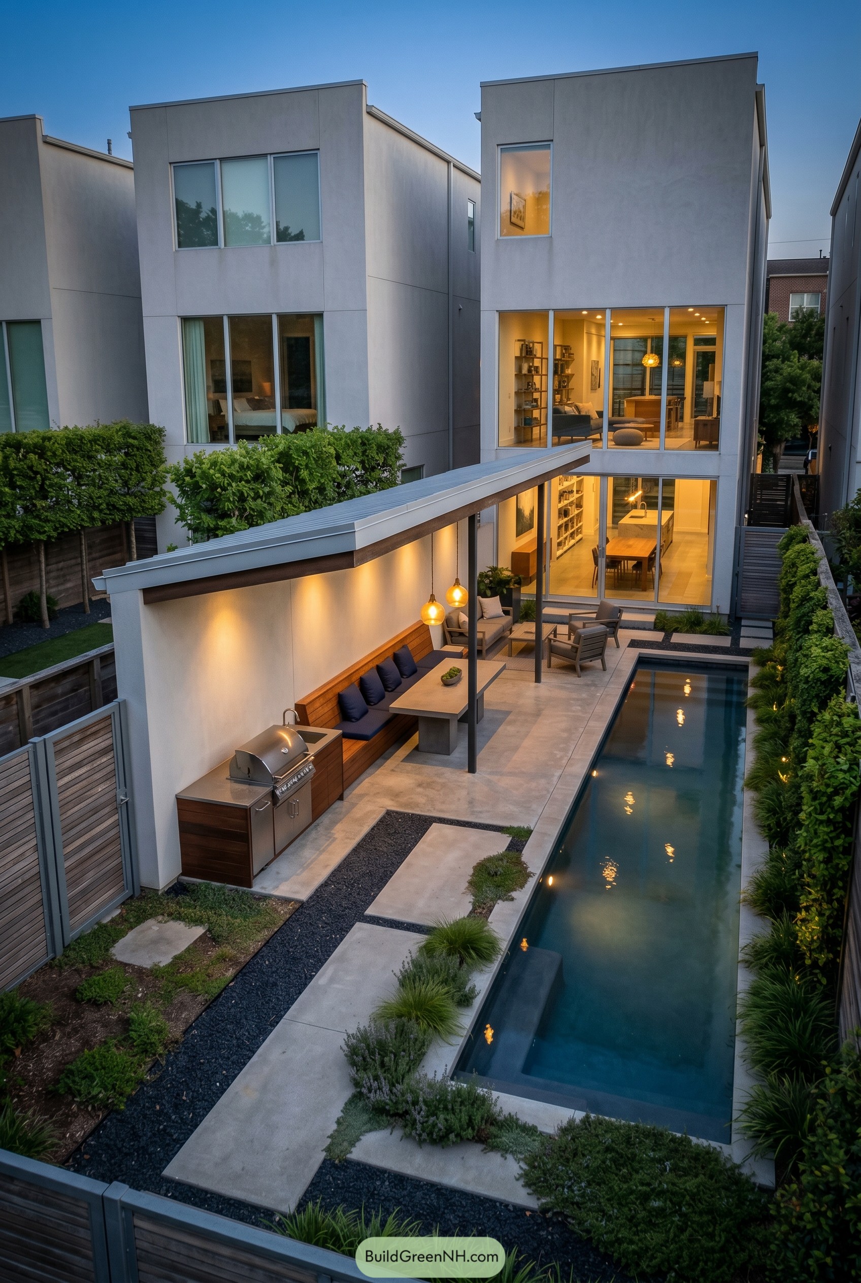 Narrow modern backyard with pool and pavilion