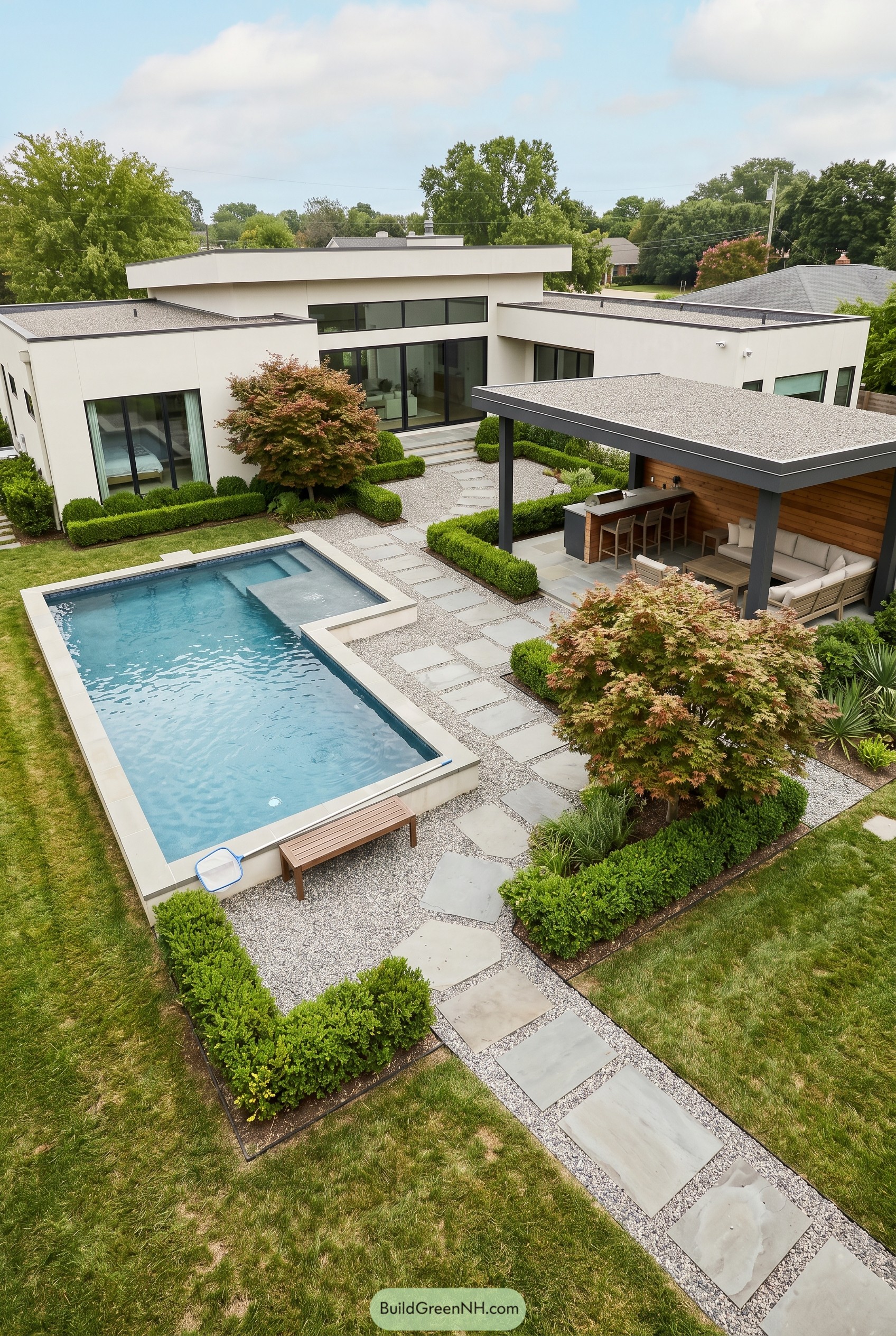 Modern backyard with pool and covered lounge