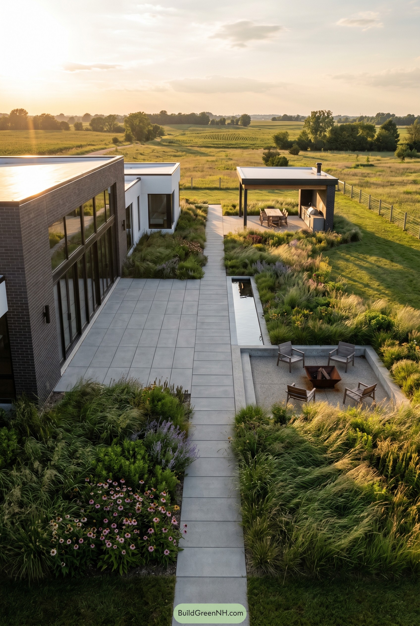 Modern backyard with dining pavilion fire pit and meadow planting