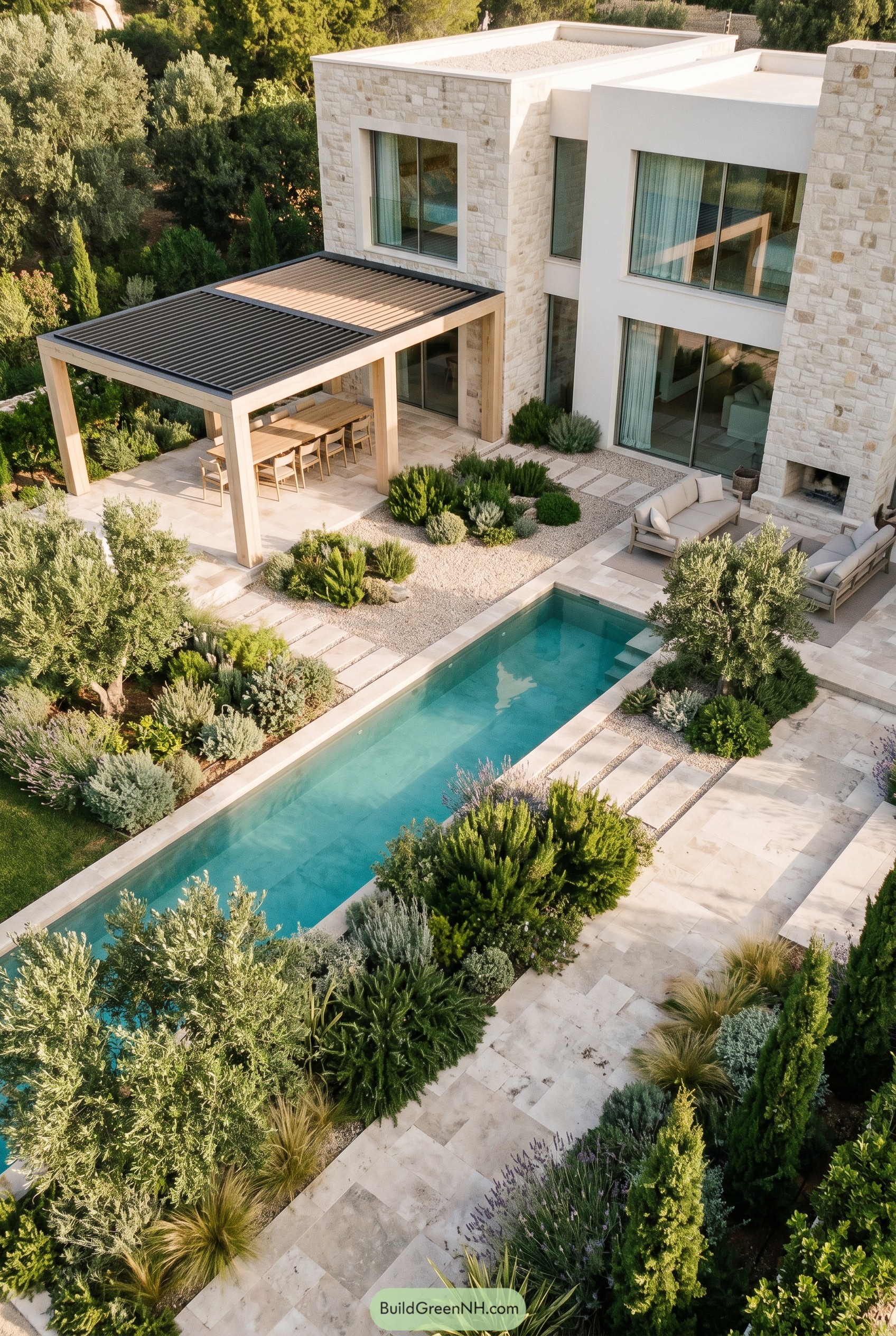 Modern backyard with lap pool and dining pergola