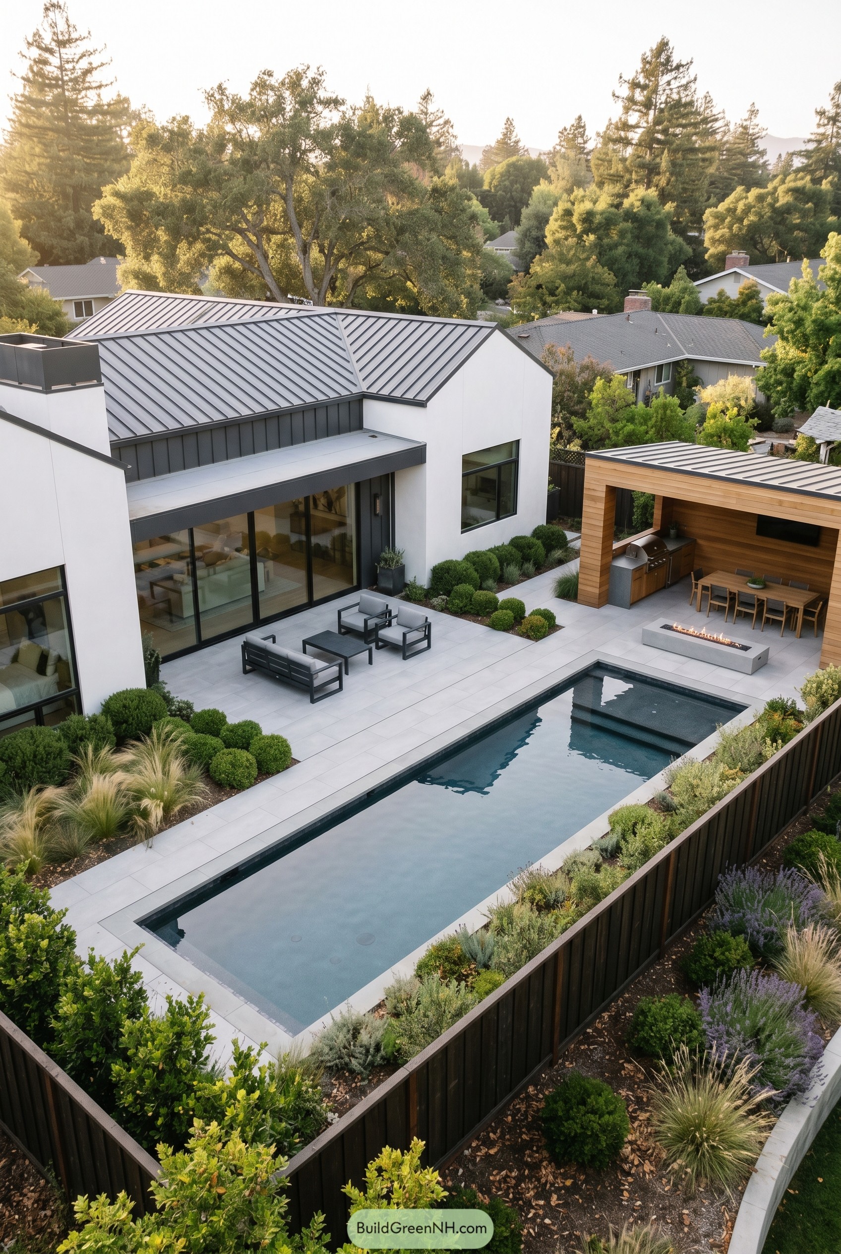 Modern backyard with pool and wood pavilion
