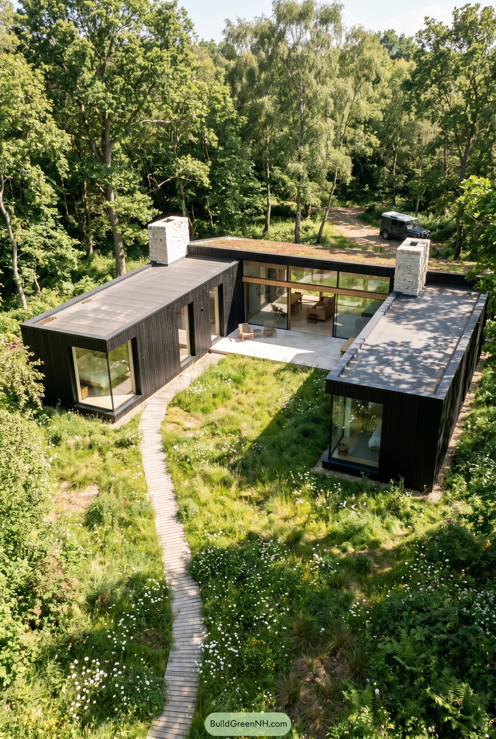 U-shaped black modern house around a native meadow