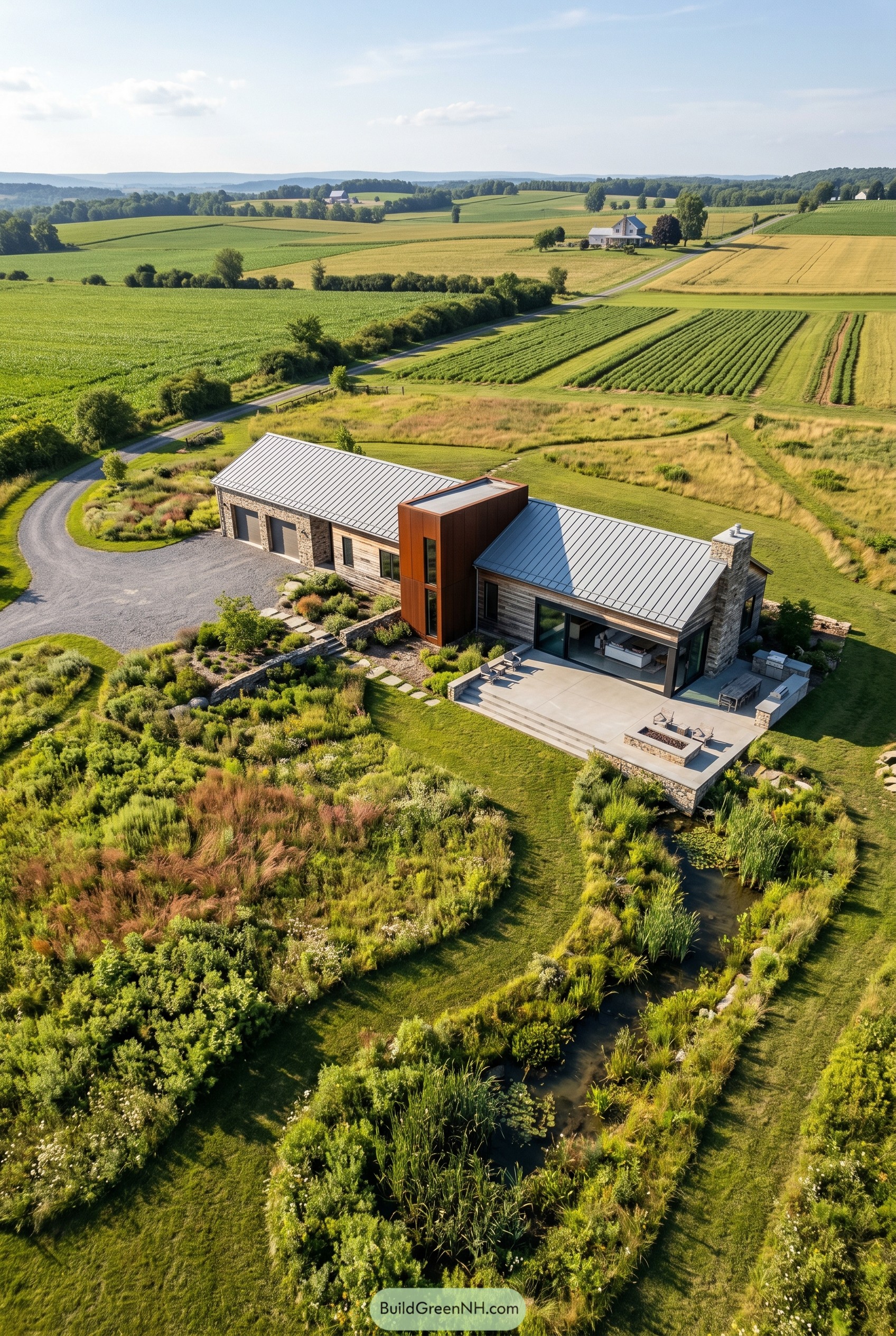 Modern farmhouse with native meadow and pond