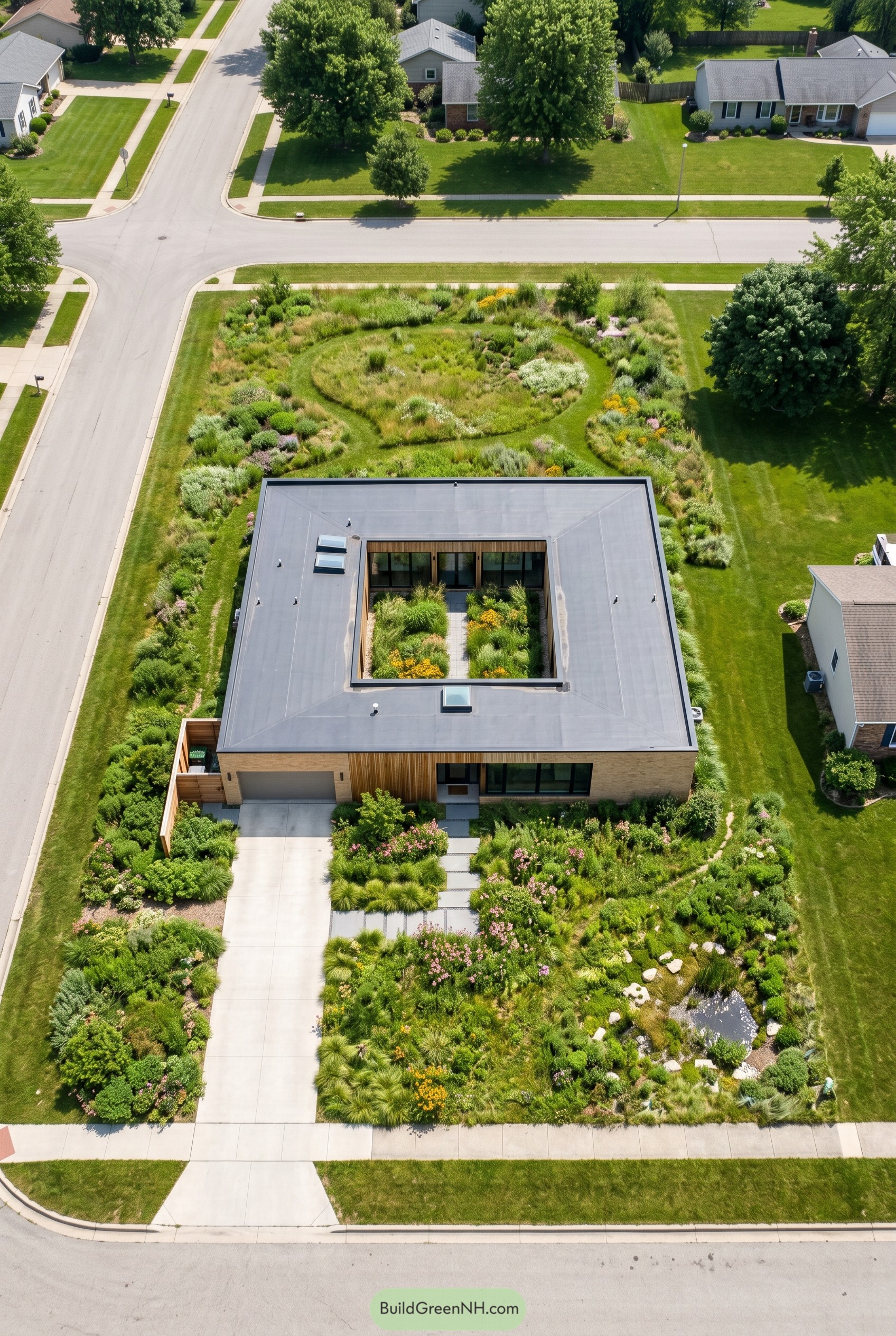 Aerial view of a square courtyard home in a native meadow garden