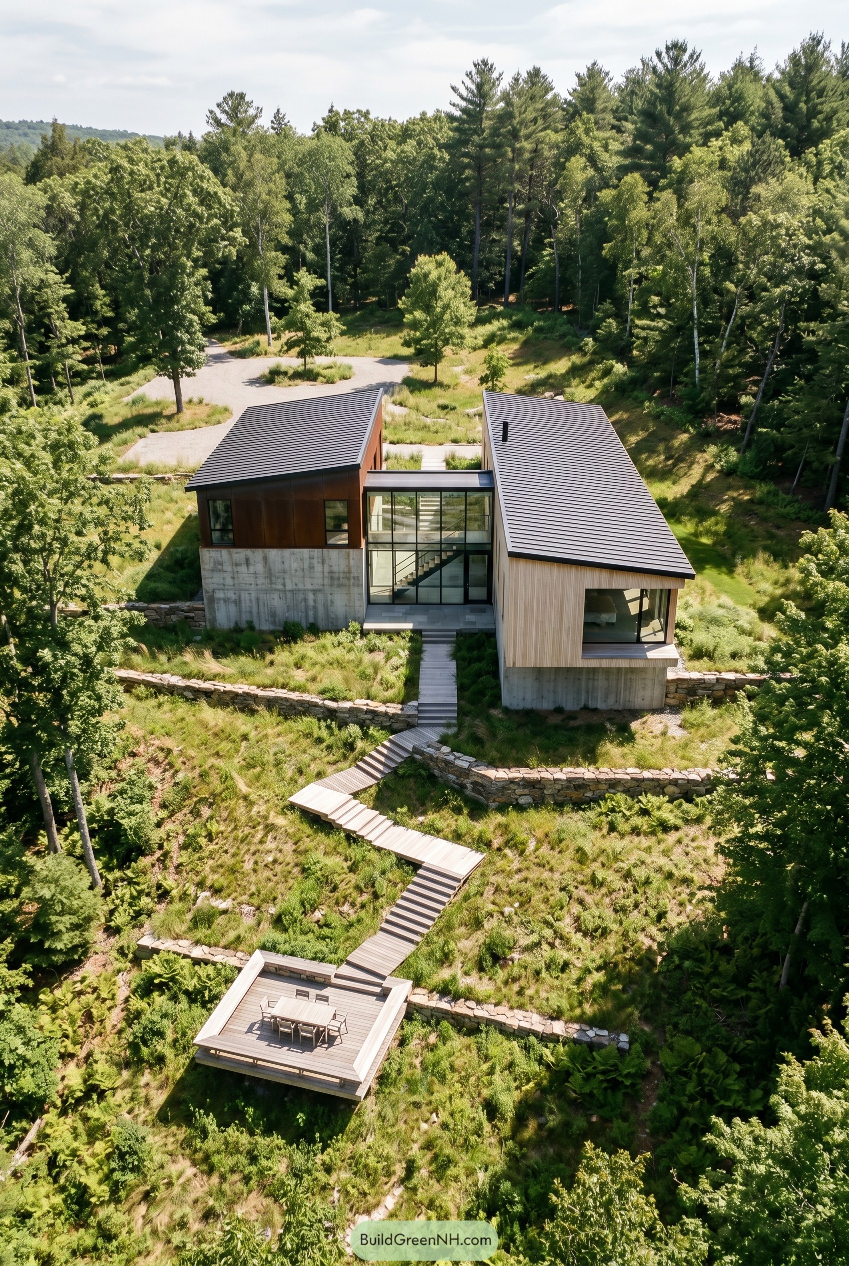 Modern split gable house on a meadow hillside with a stepped boardwalk