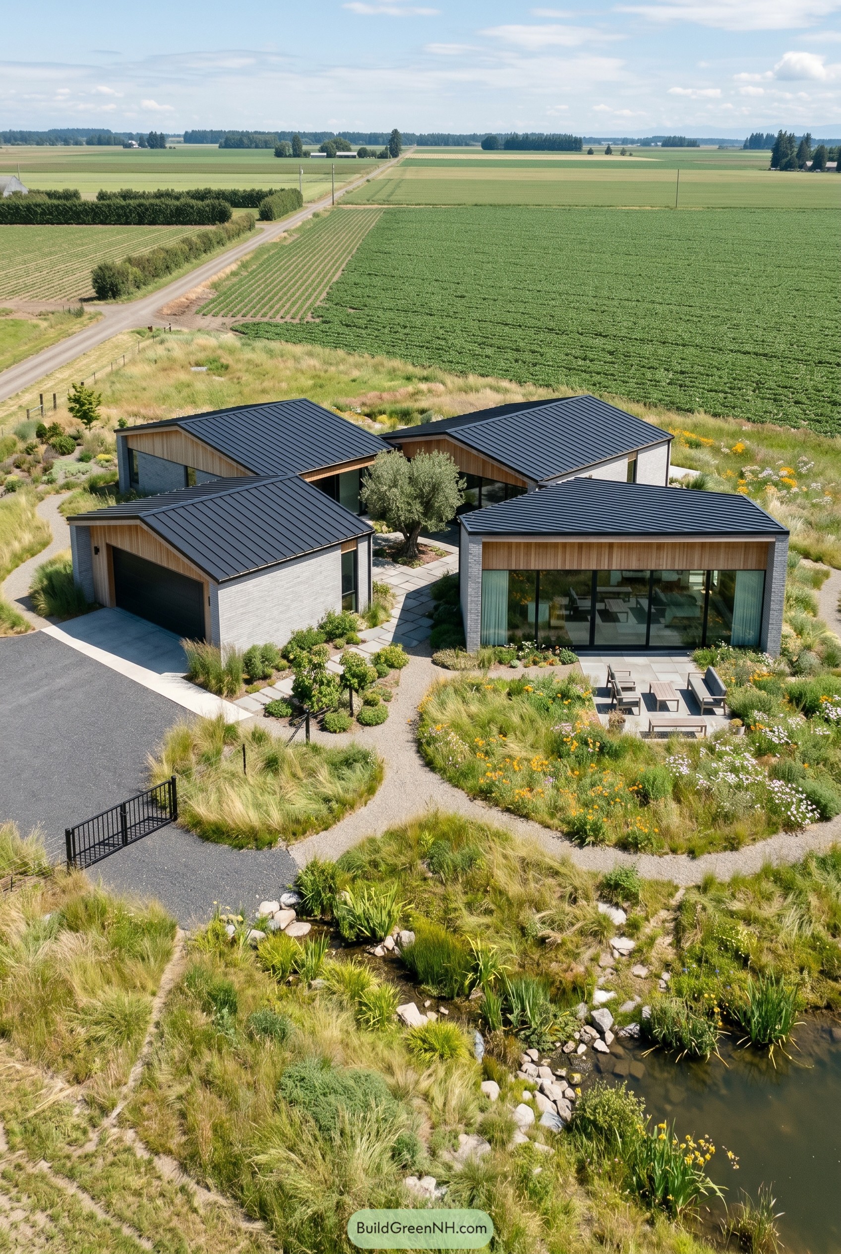 Modern four wing house set in a native meadow