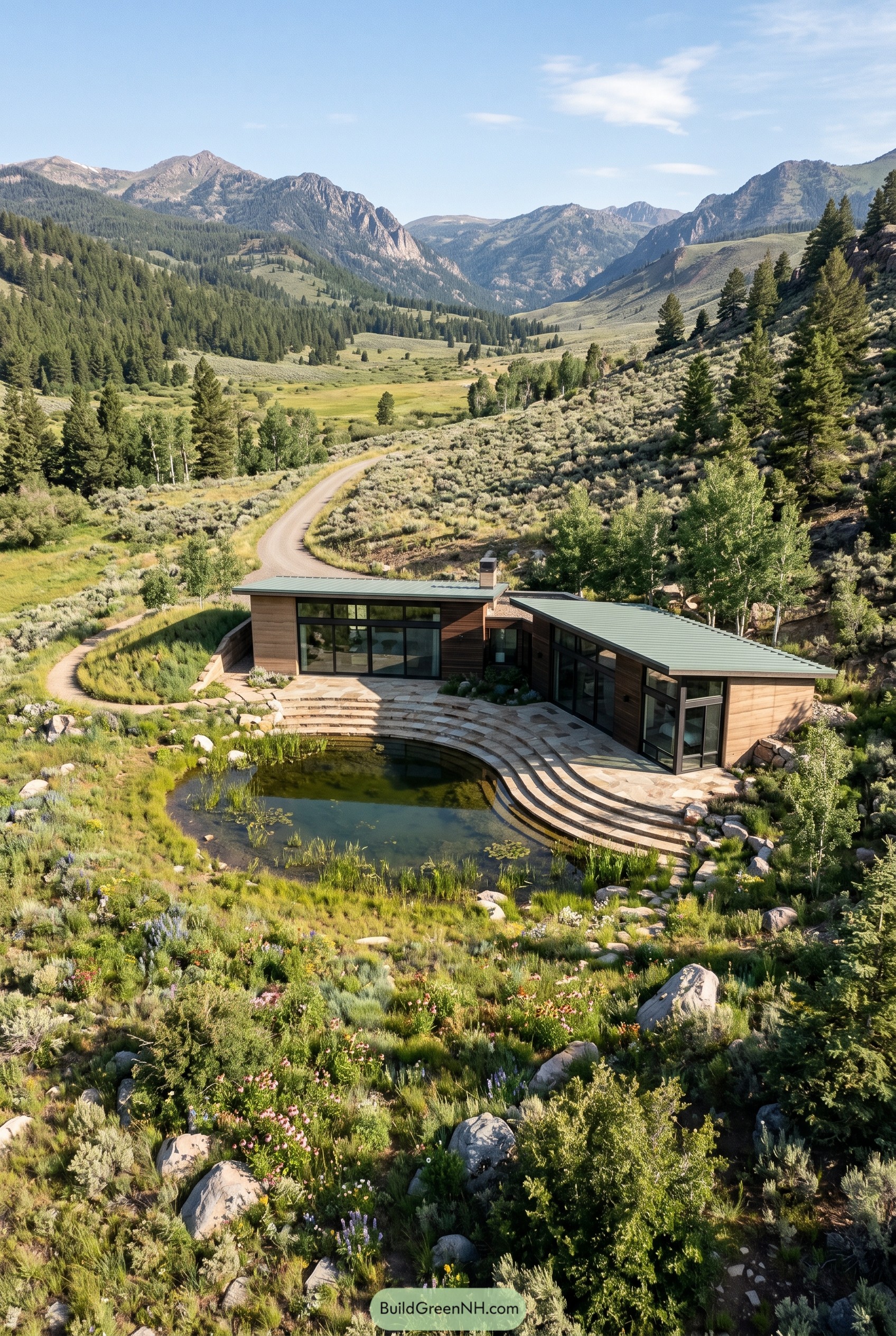 Modern meadow home with curved pond in mountain valley