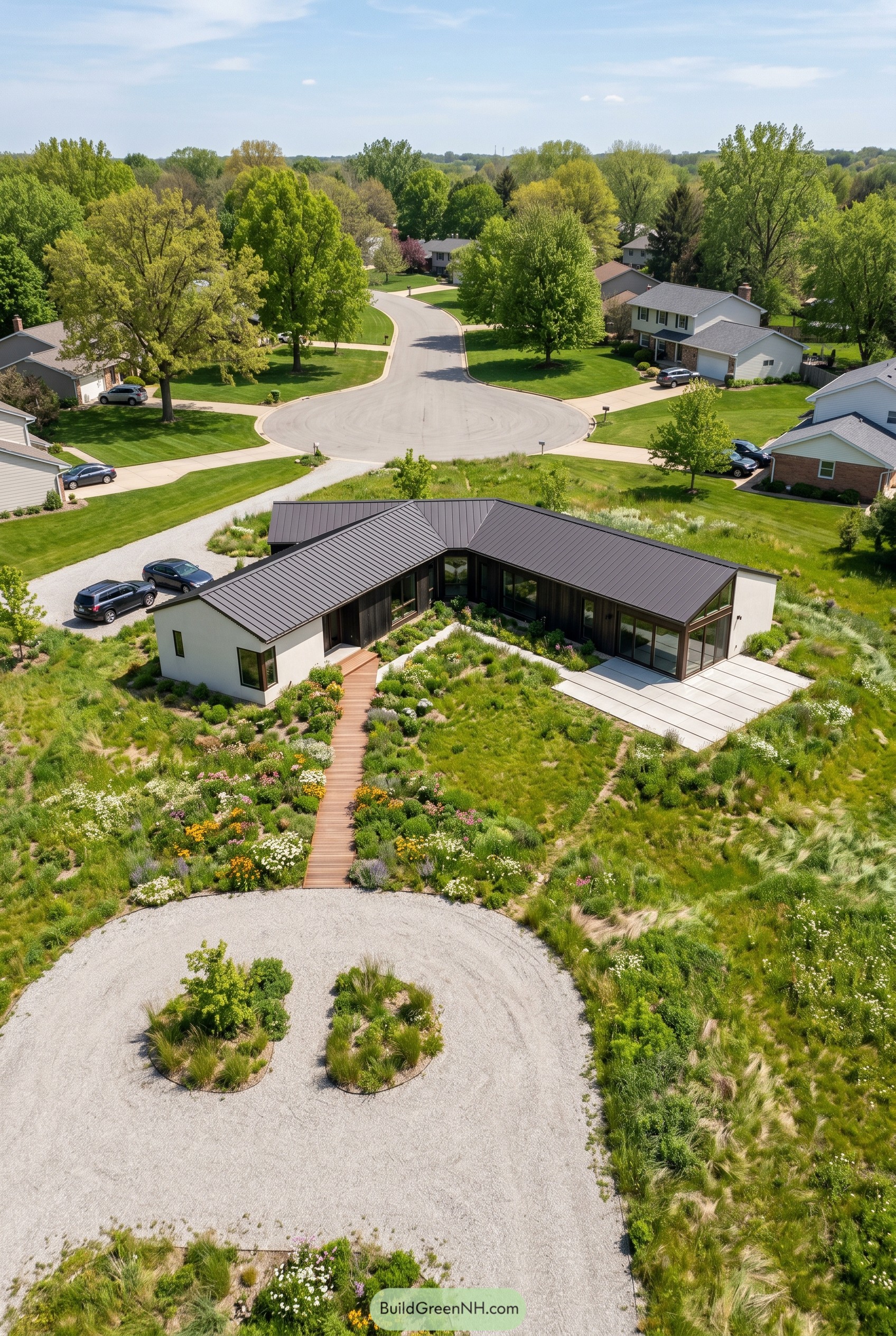 Modern L shaped house in a native meadow