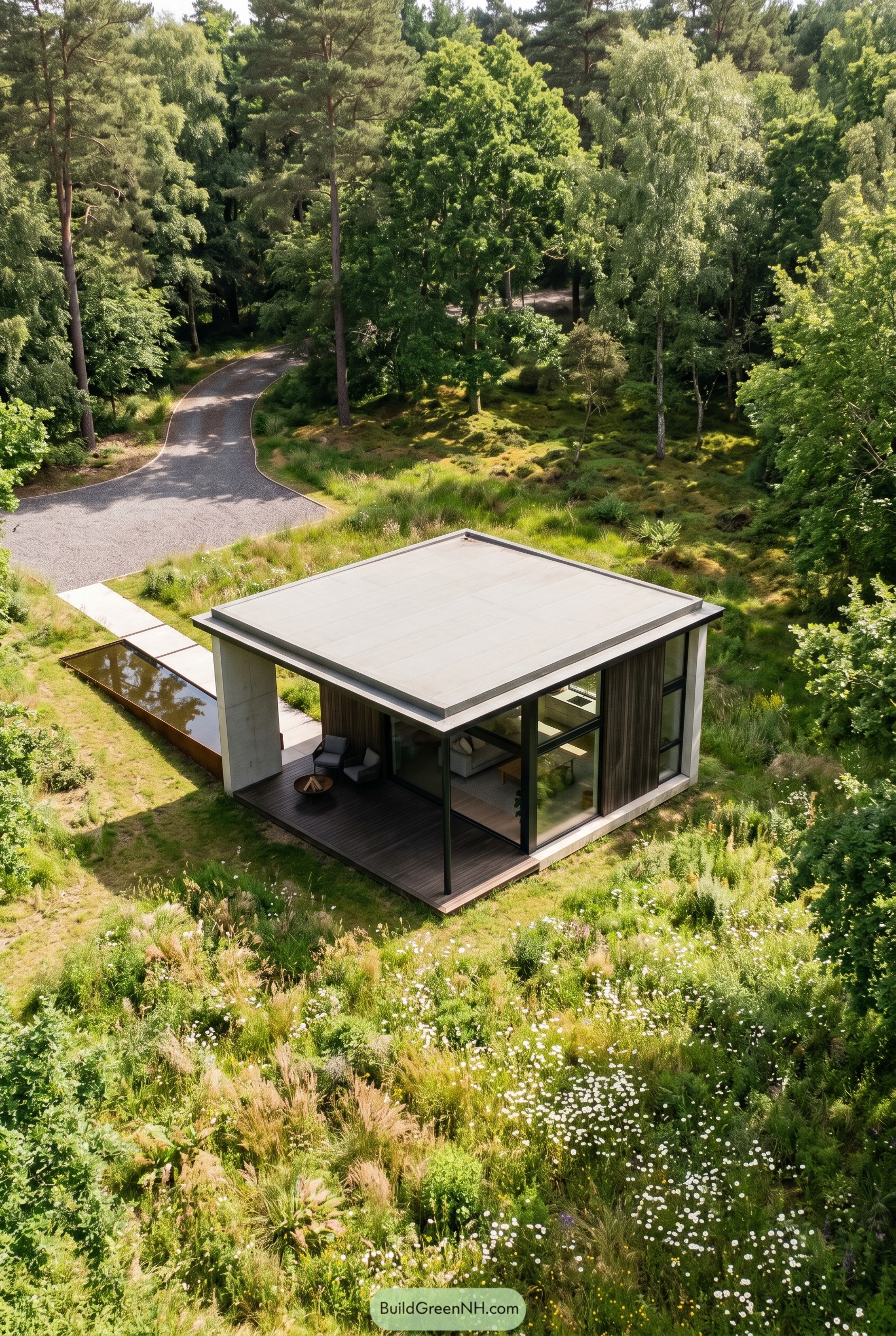 Compact glass cabin in a wildflower meadow
