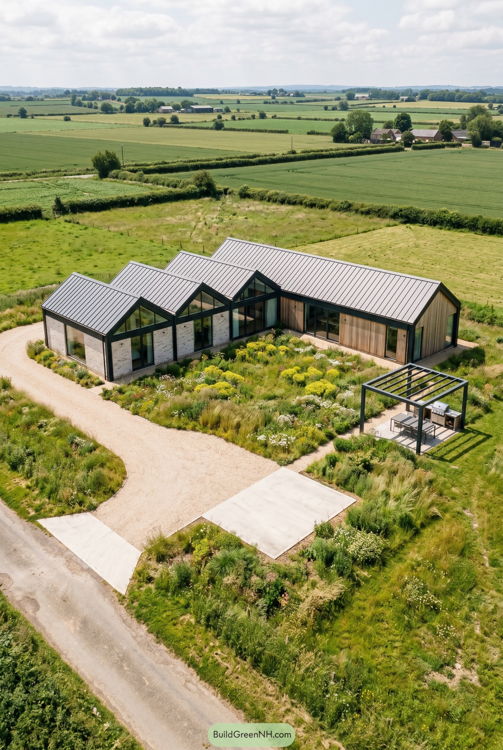 Modern gabled home around a native meadow garden