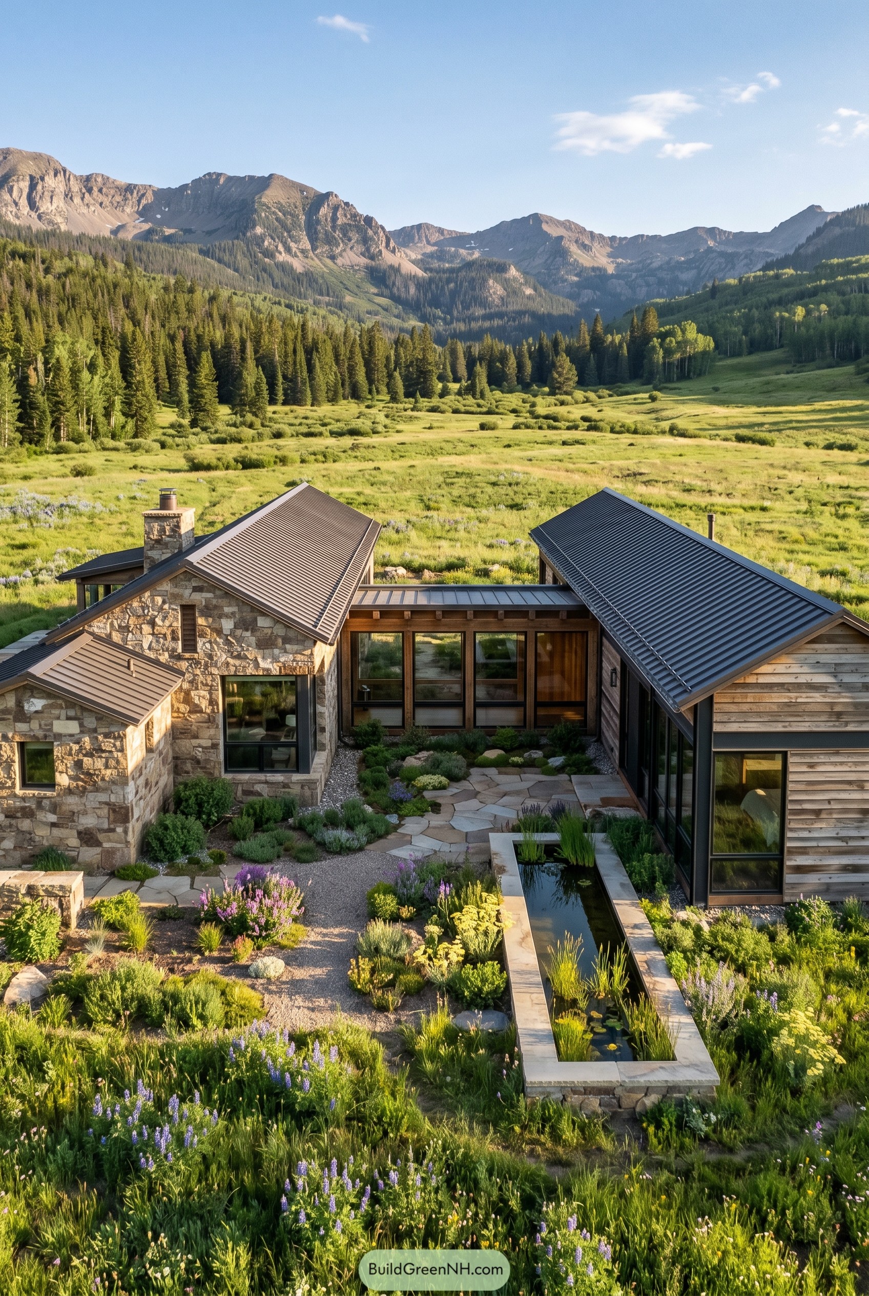 Modern stone and wood home in a mountain meadow with a courtyard pond