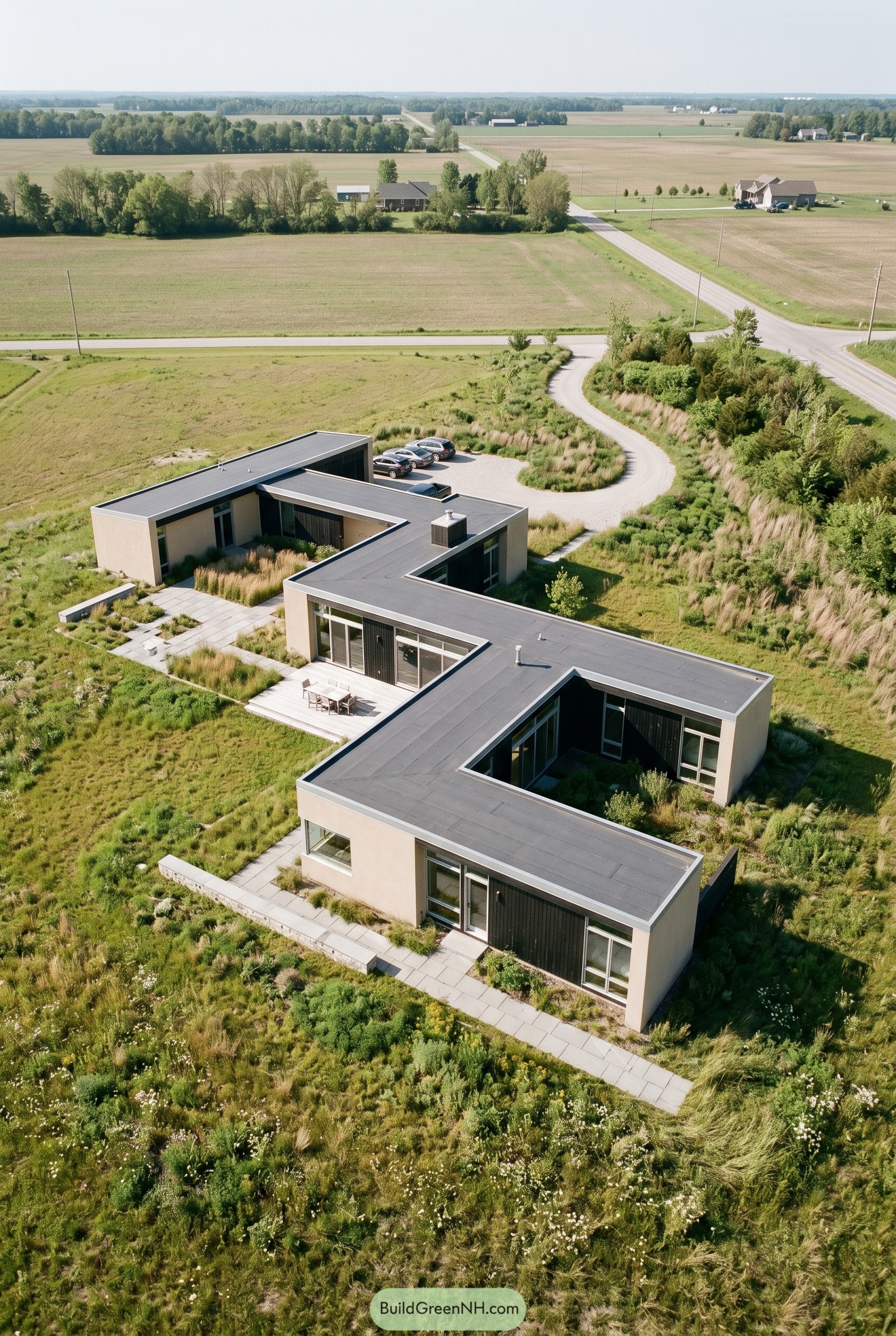 Aerial view of angular courtyard home in meadow