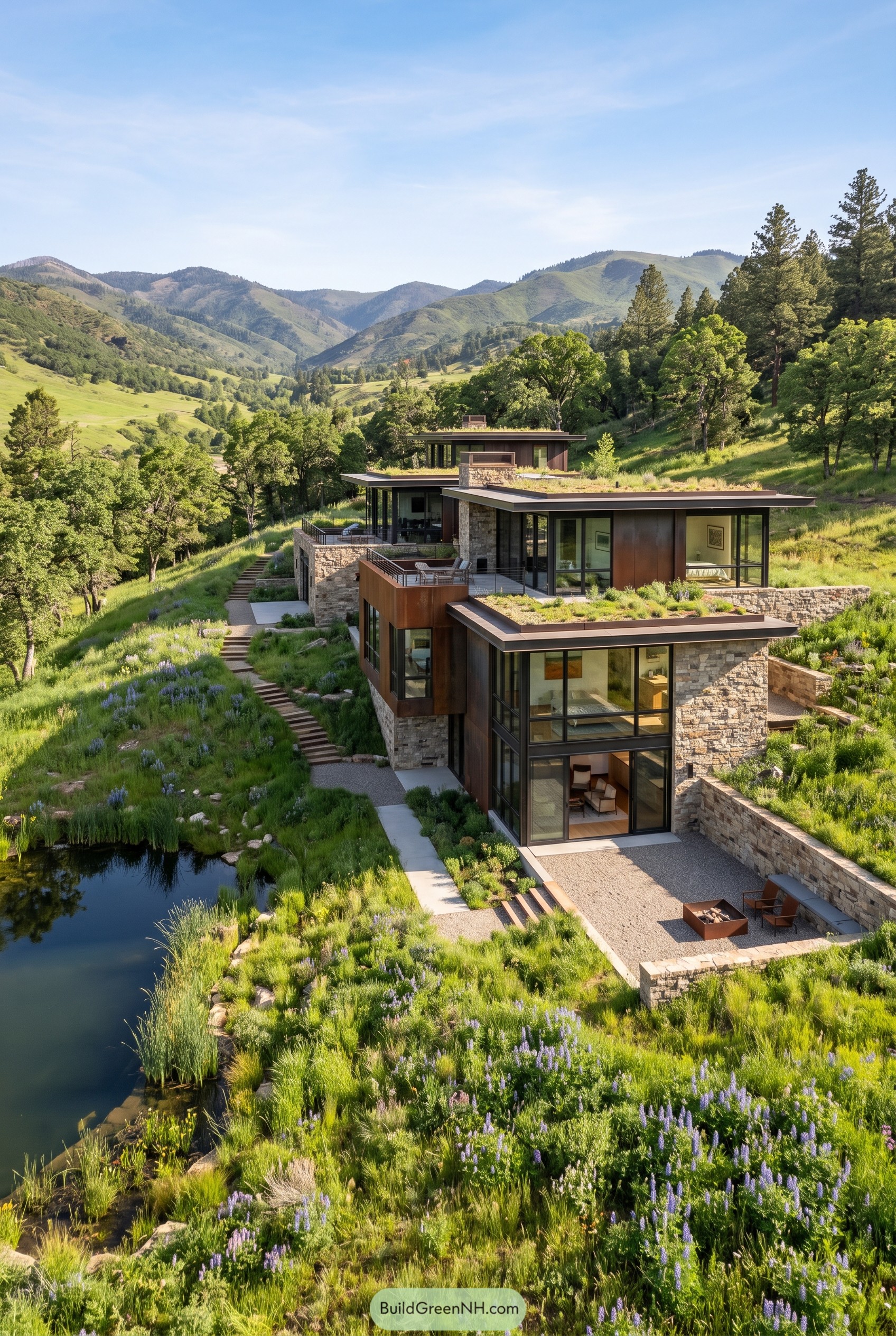 Terraced modern hillside house beside a pond
