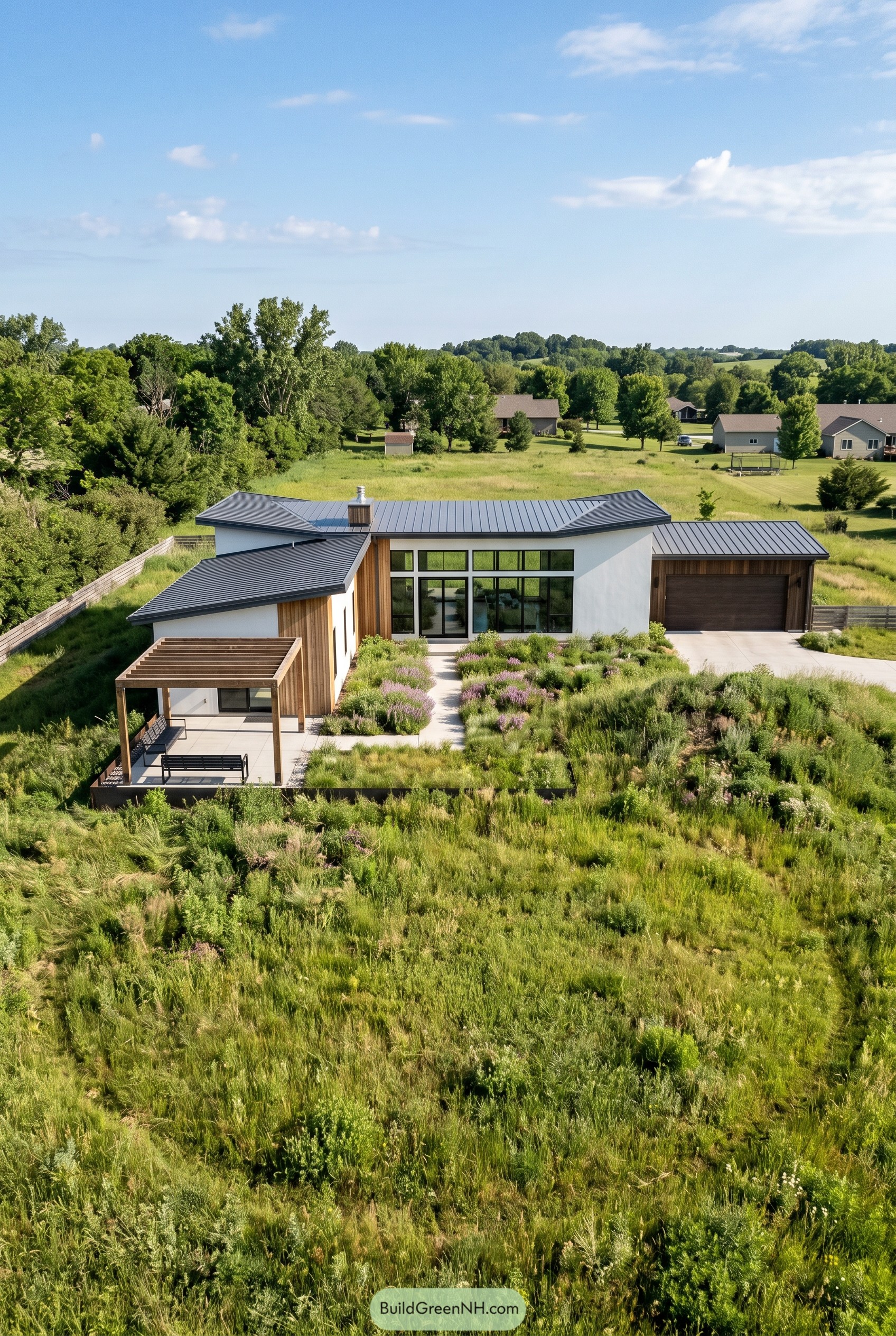 Modern white house set in native meadow