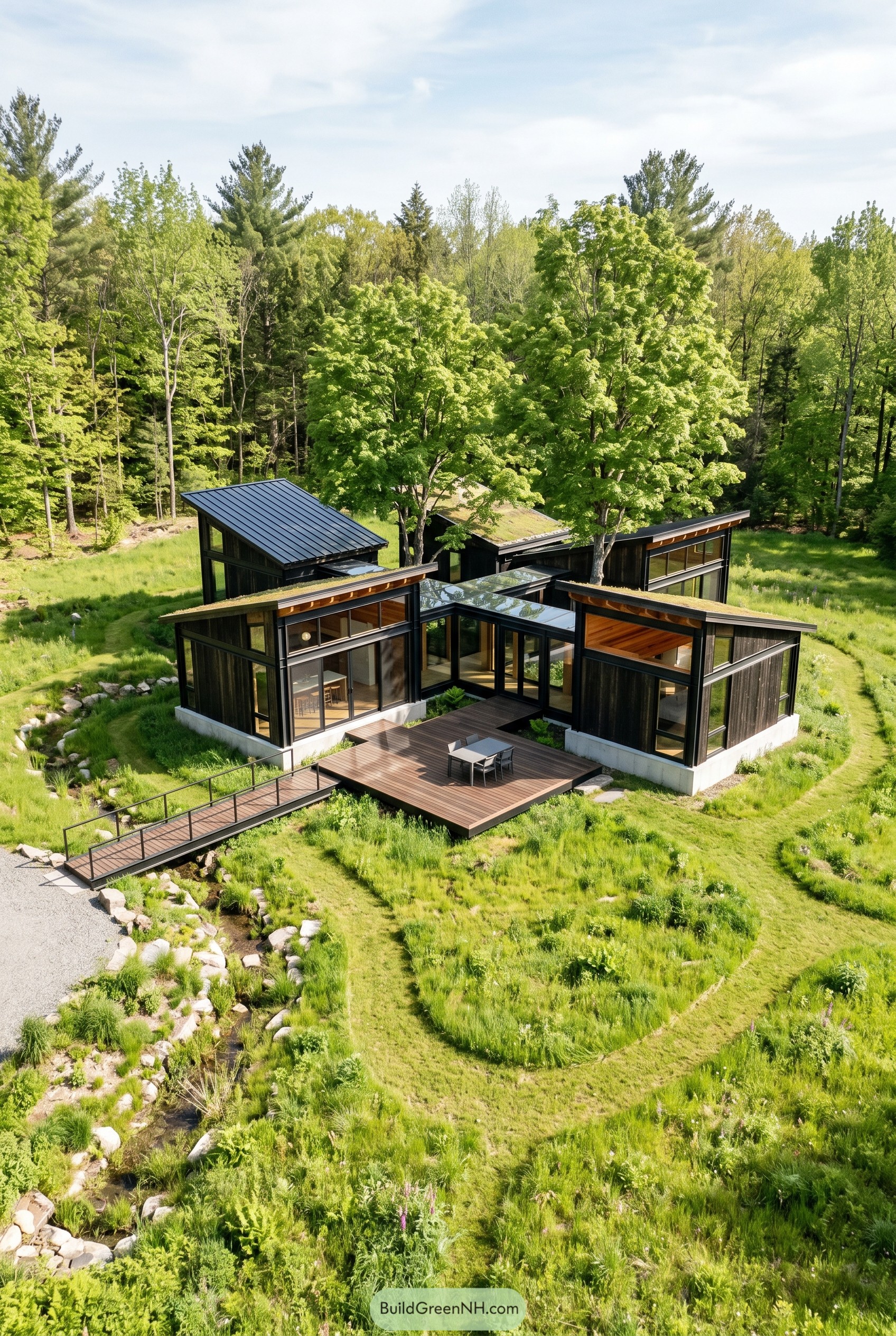 Modern black timber house with green roofs in a native meadow